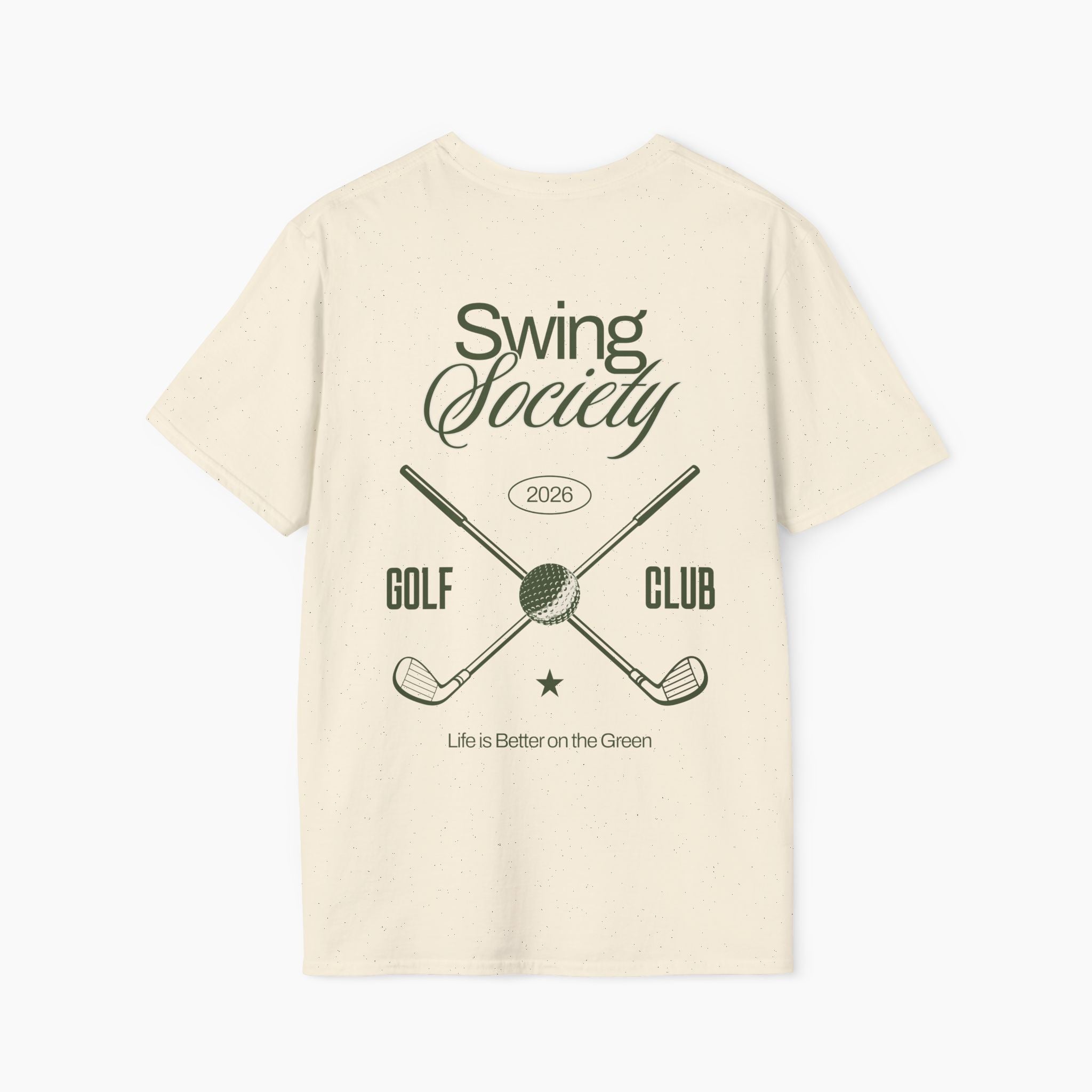 Beige t-shirt with golf-themed design and text on a white background