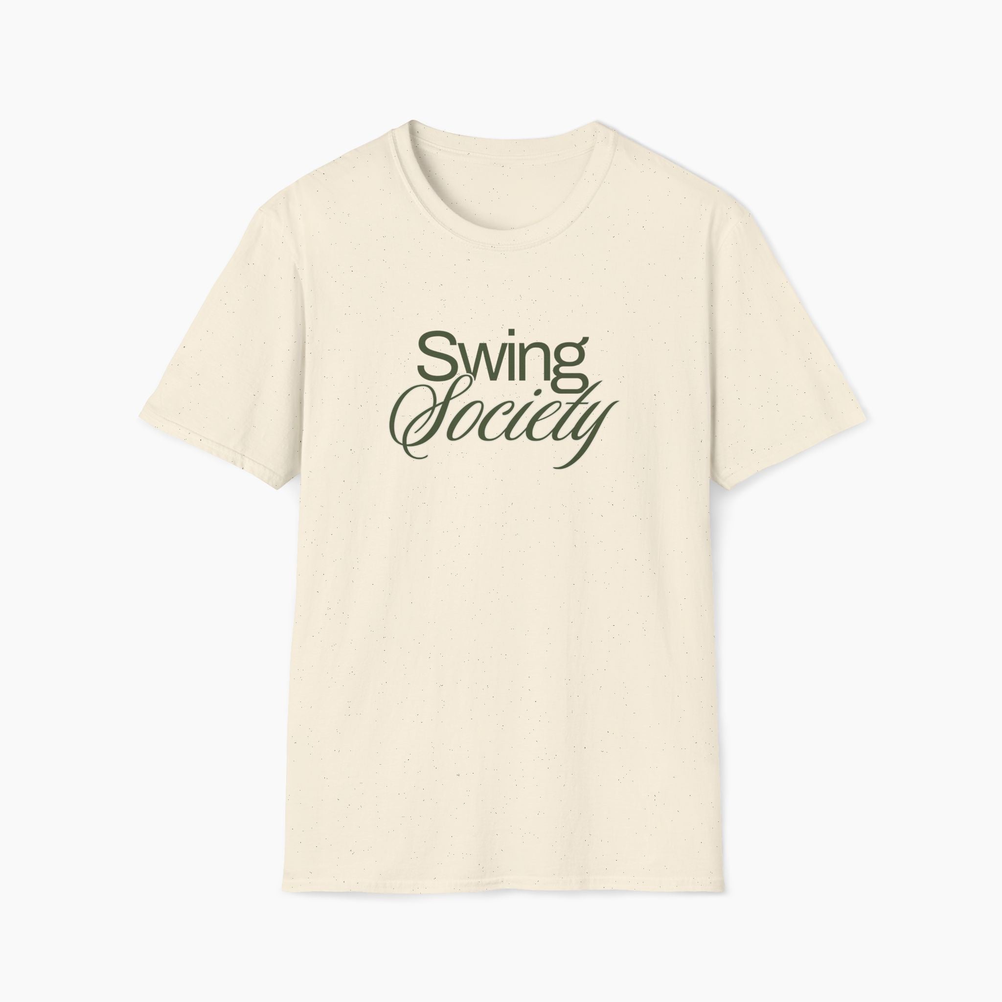 Beige t-shirt with 'Swing Society' text on a white background