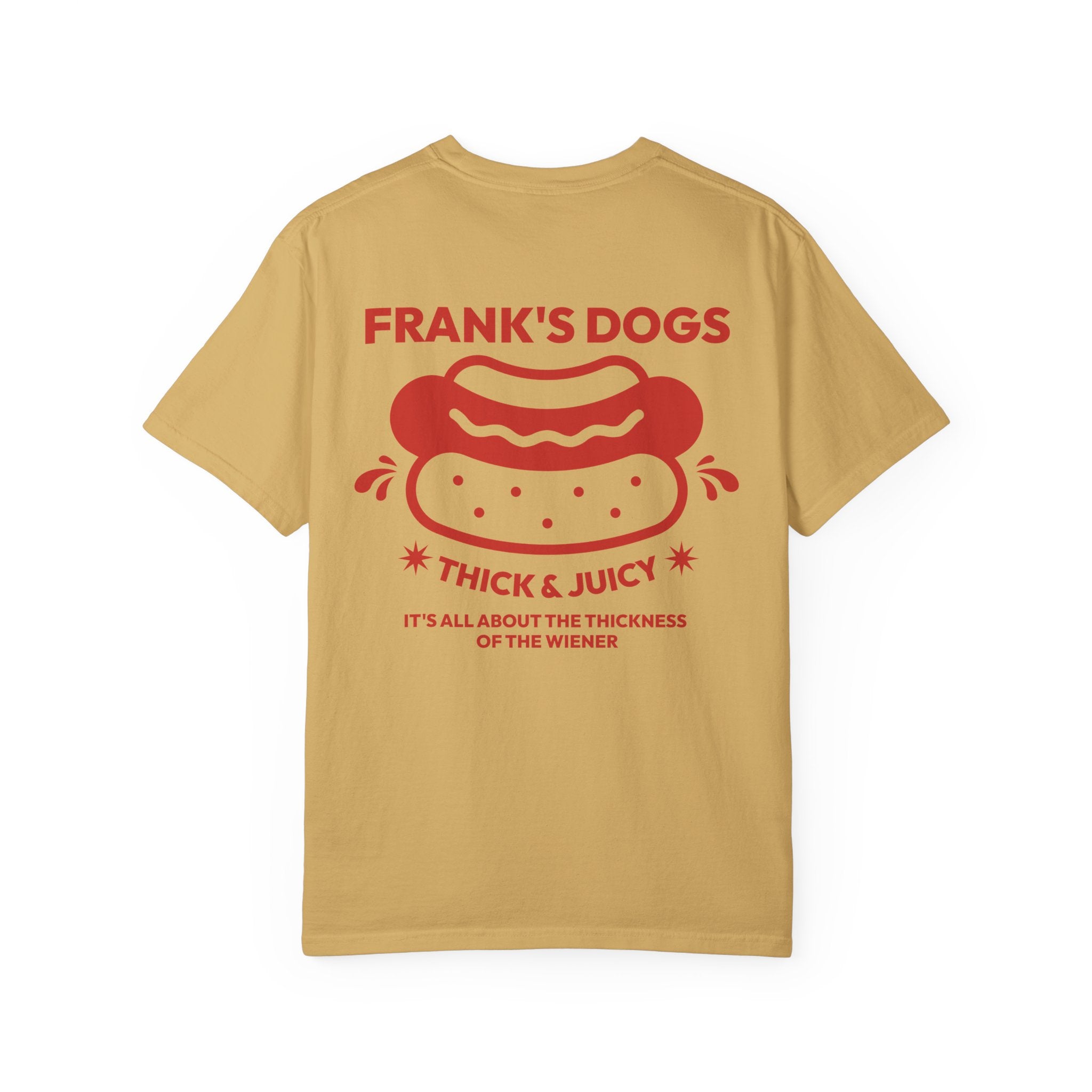 Beige t-shirt with red 'Frank's Dogs' graphic and text on a white background