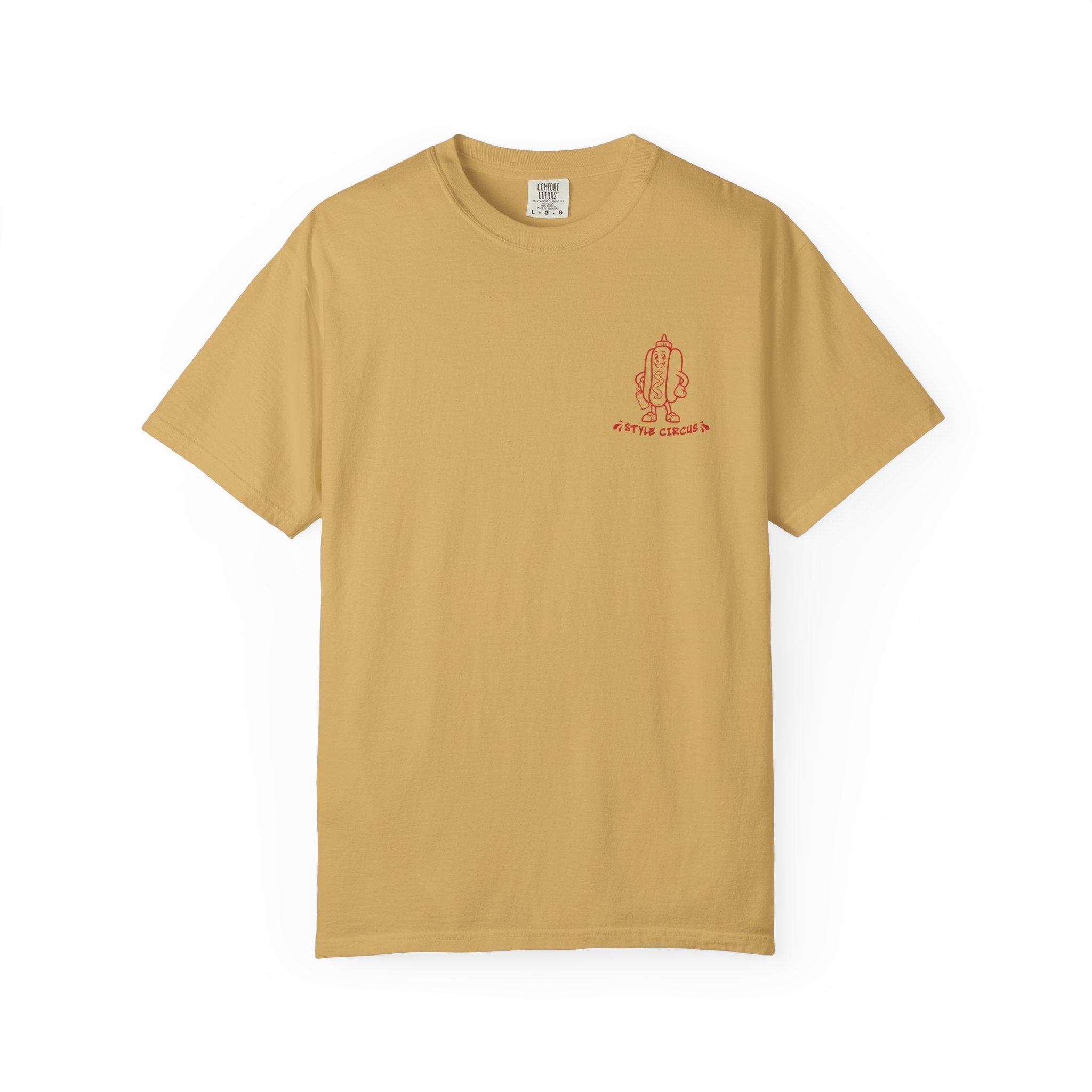 Beige t-shirt with a red logo on a white background