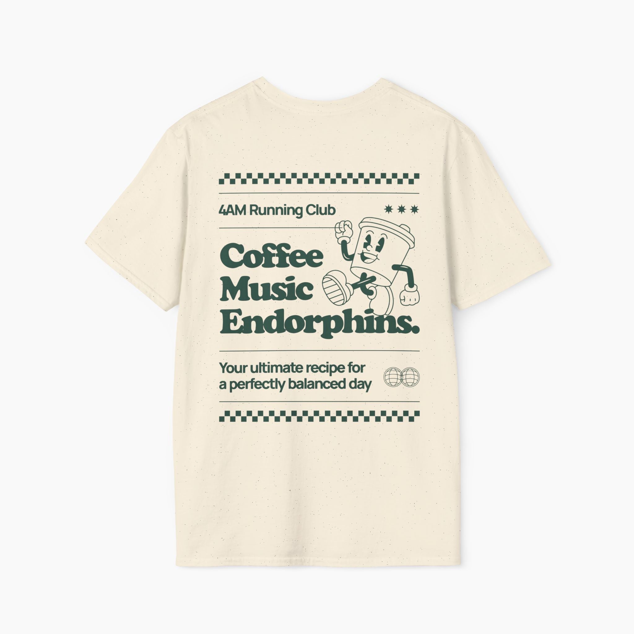 Beige t-shirt with text and graphics on the back on a white background