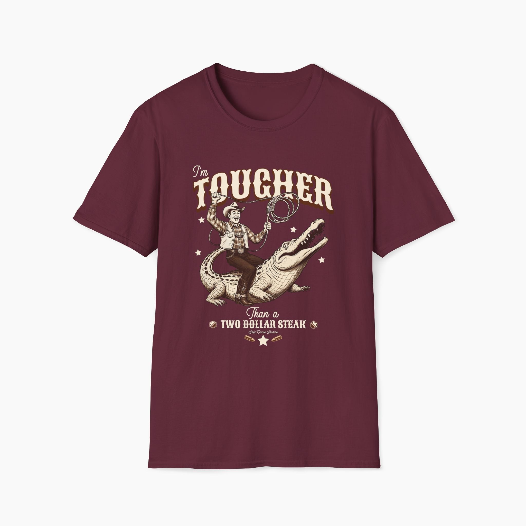 Maroon t-shirt with graphic design and text on a white background