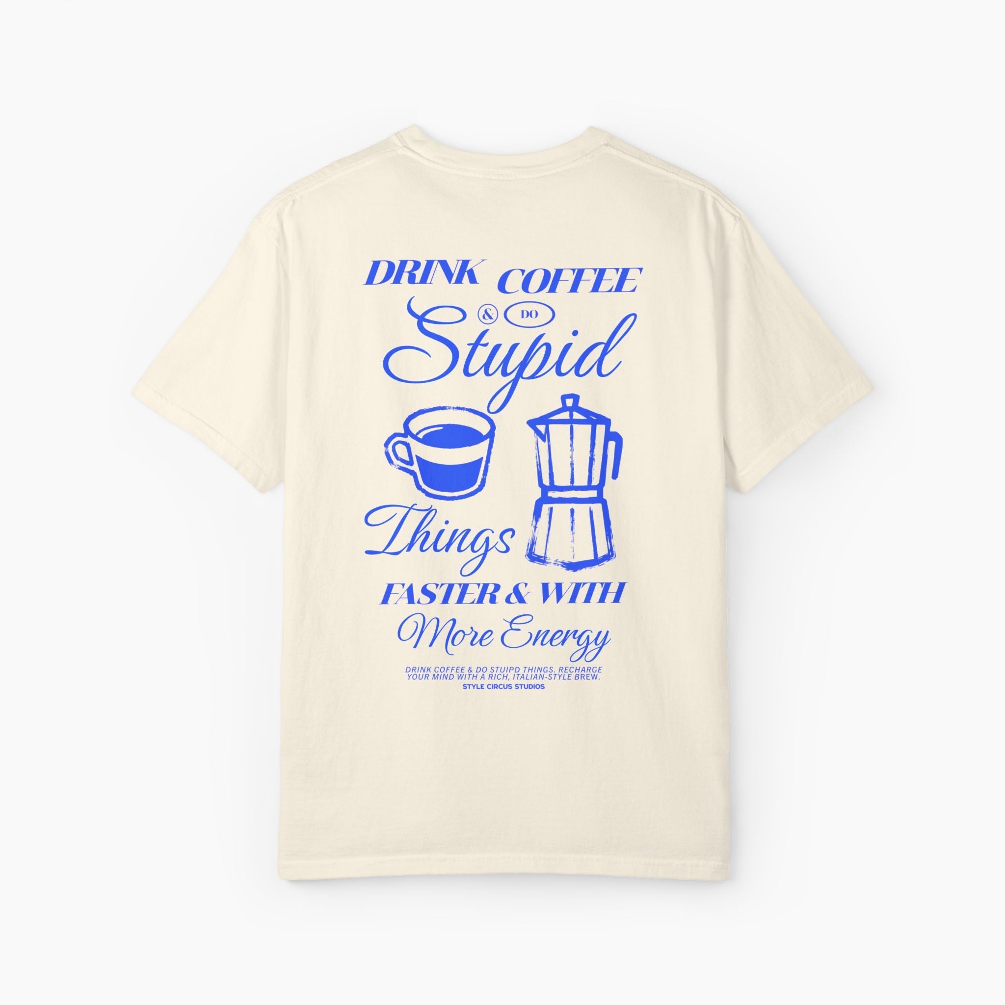 Beige t-shirt with blue text and graphics on a white background