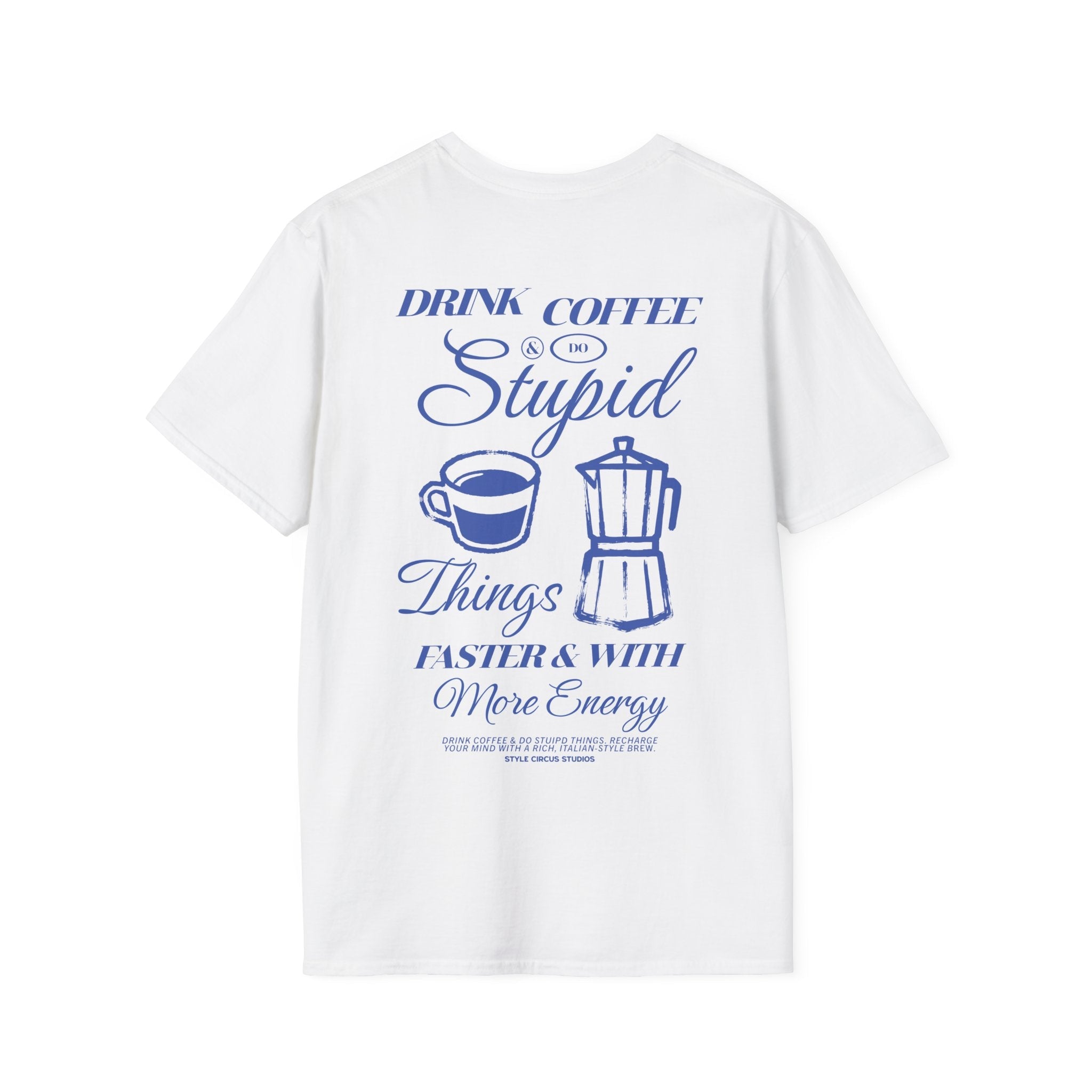 White t-shirt with blue text and coffee-themed graphics on a white background