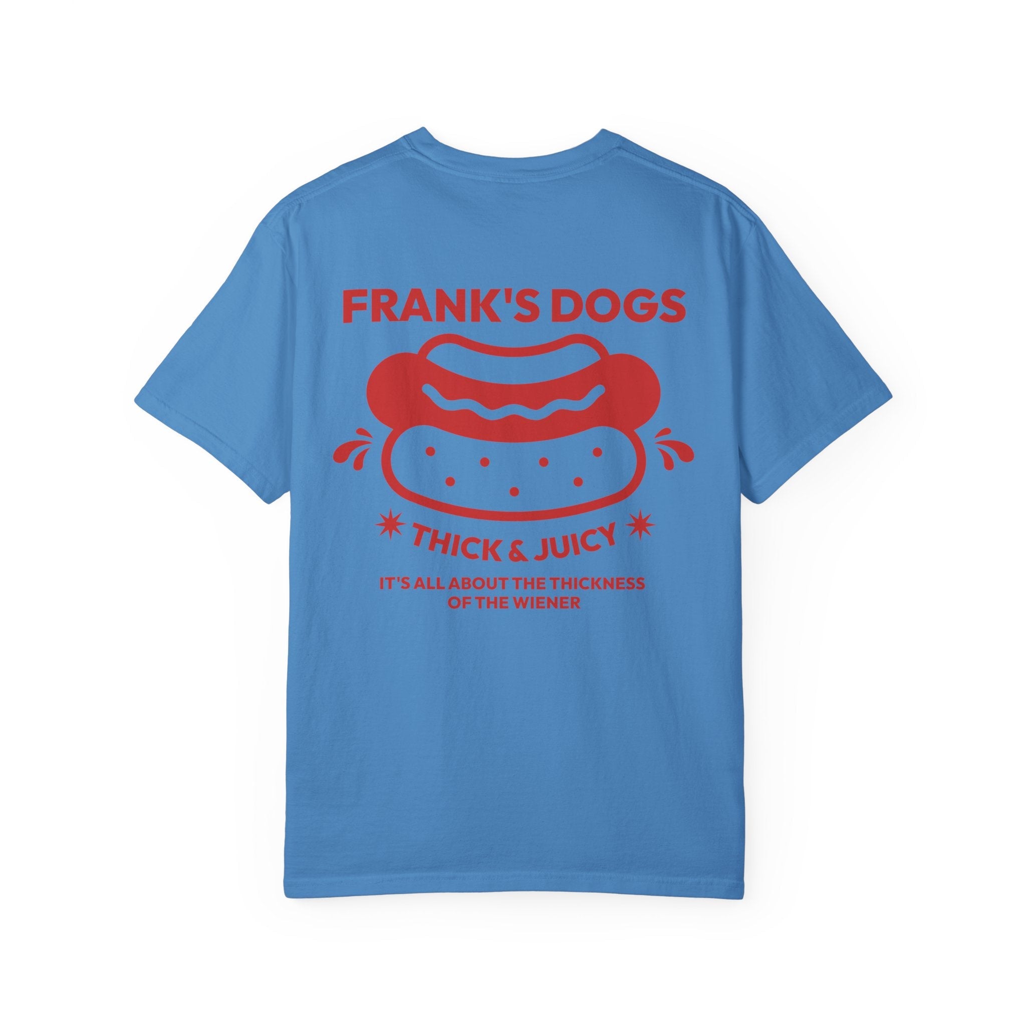 Blue t-shirt with red 'Frank's Dogs' graphic and text on a white background