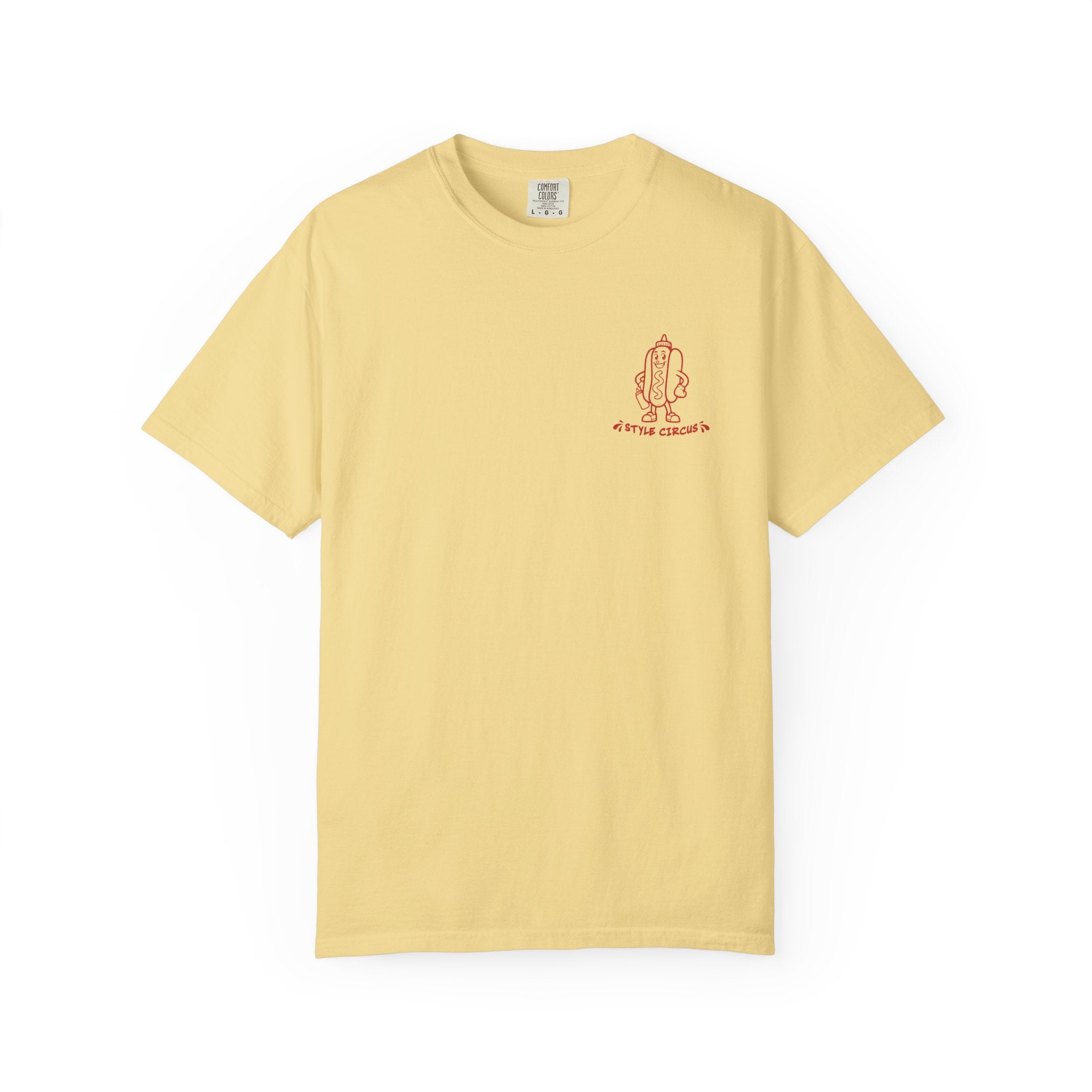 Yellow t-shirt with a small red graphic on a white background