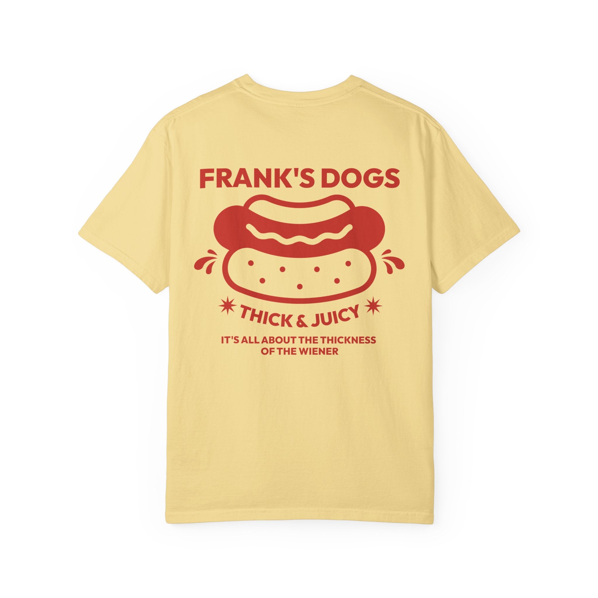 Yellow t-shirt with red graphic and text on a white background