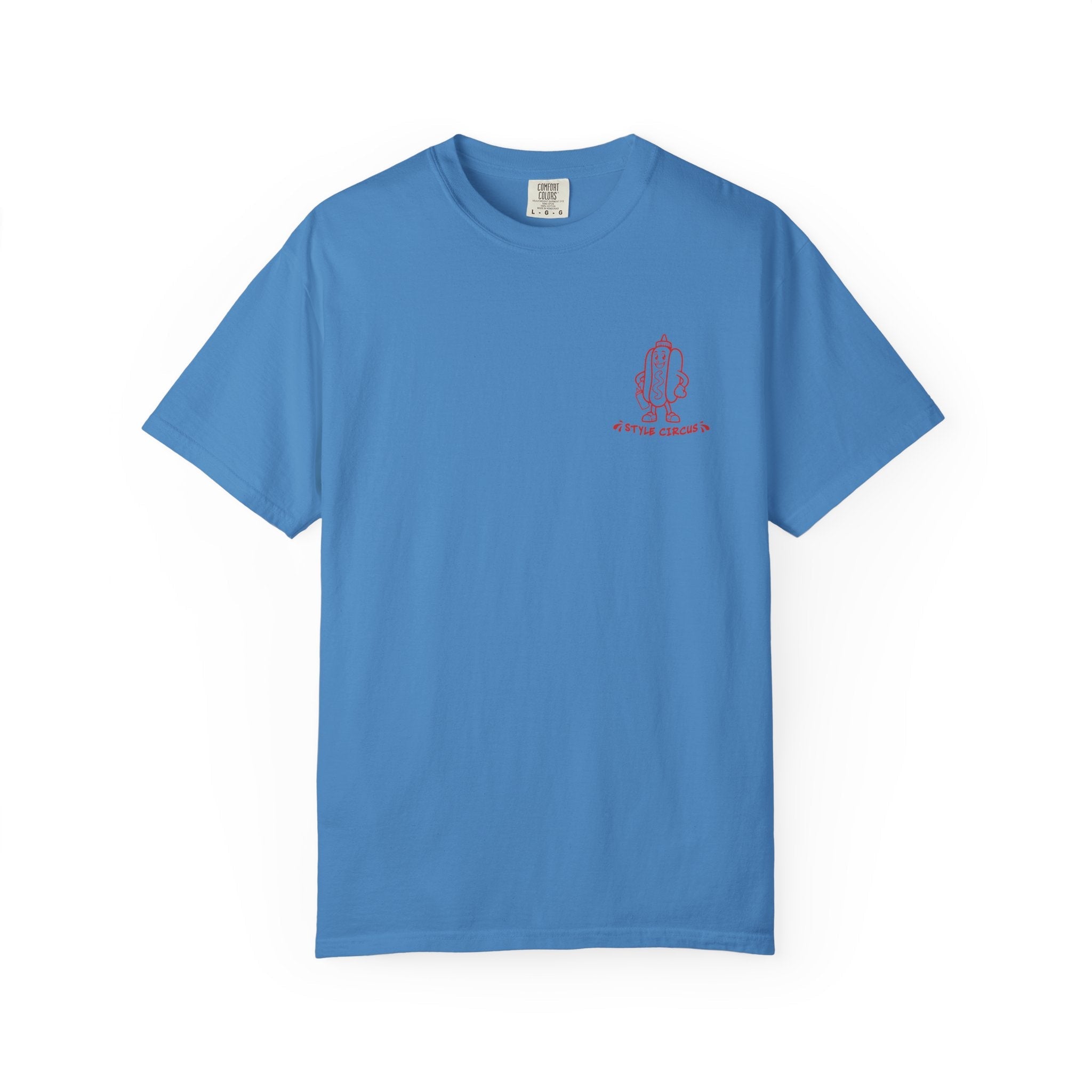Blue t-shirt with a red logo on a white background