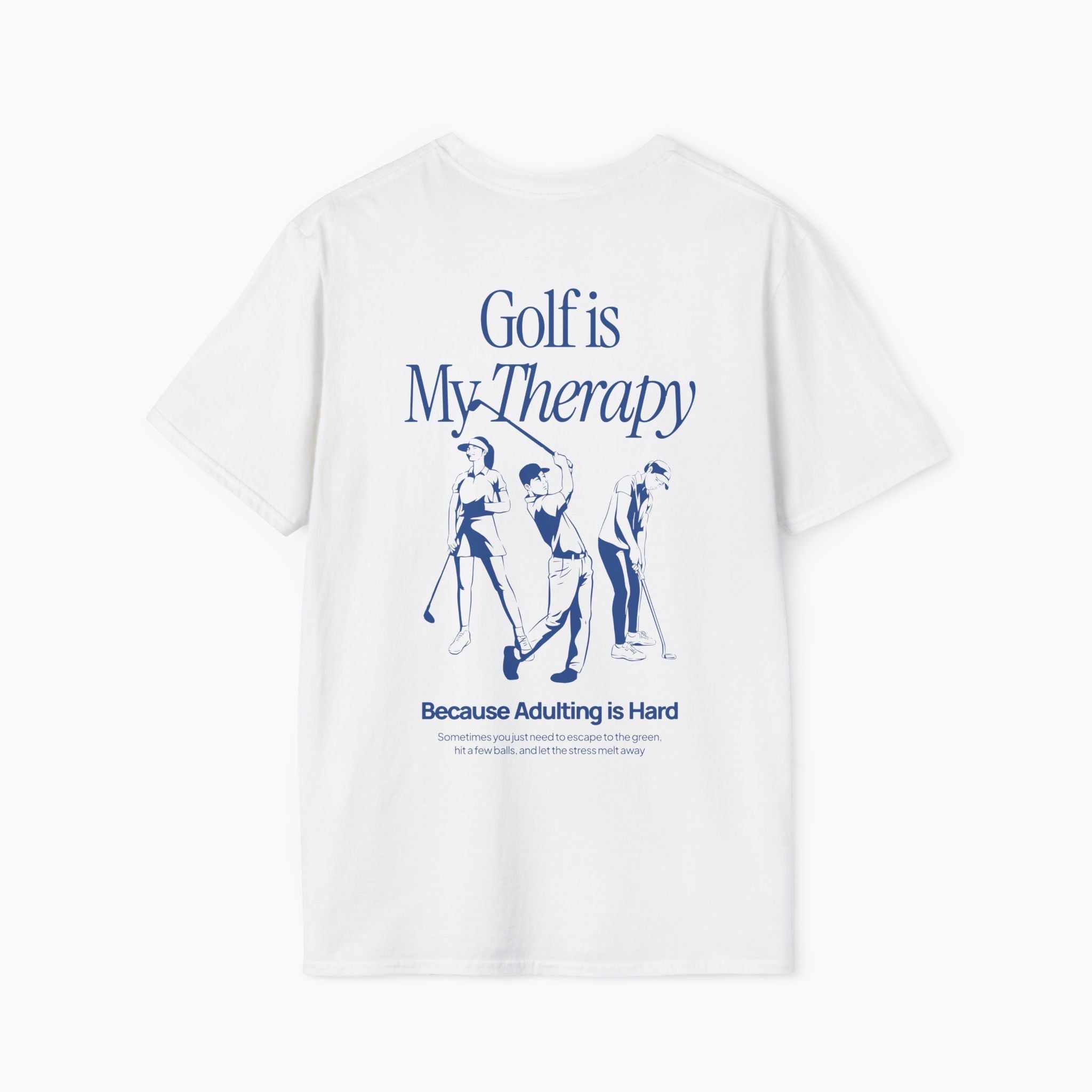 White t-shirt with blue graphic and text on a white background