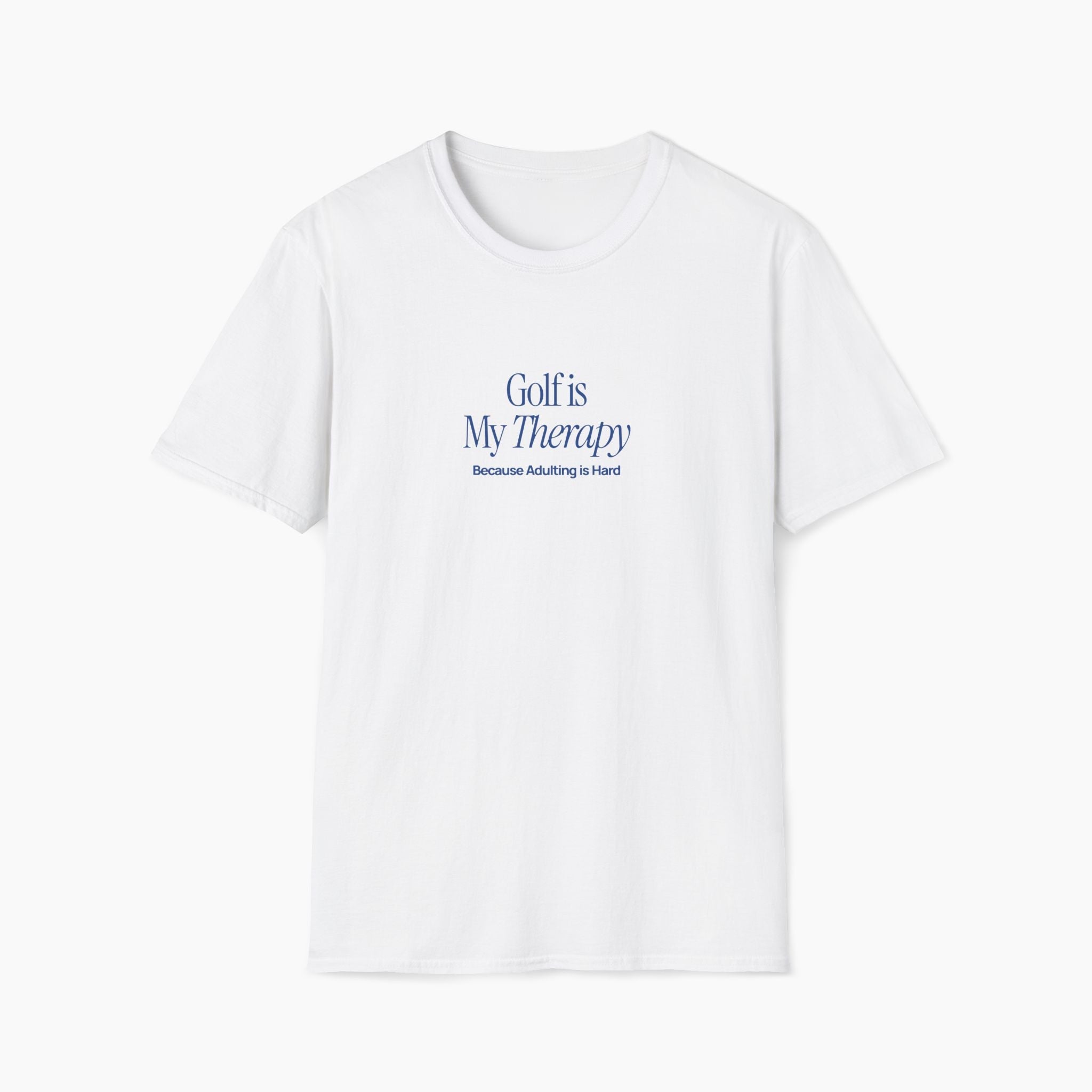 White t-shirt with blue text on a white background