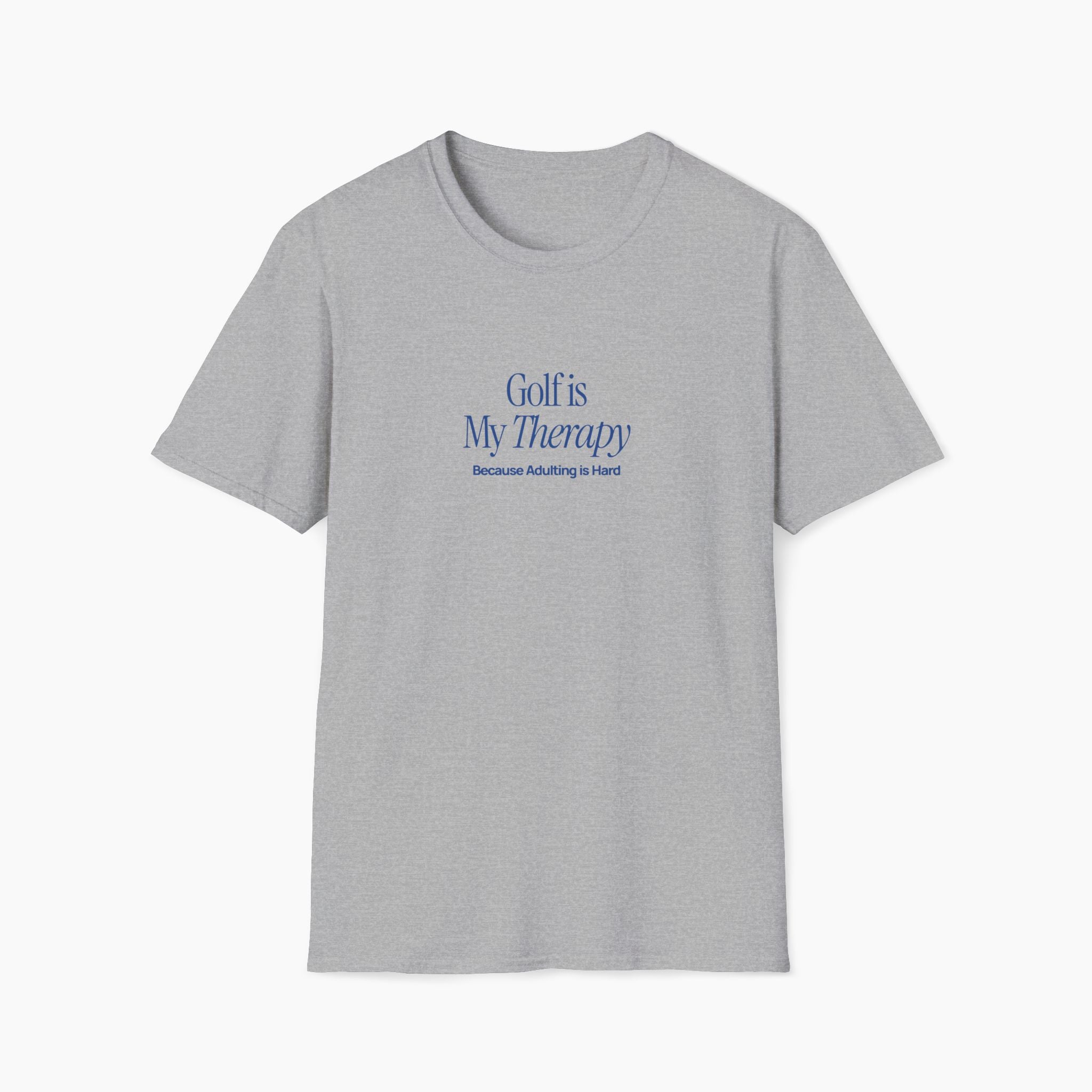Gray t-shirt with blue text on a white background