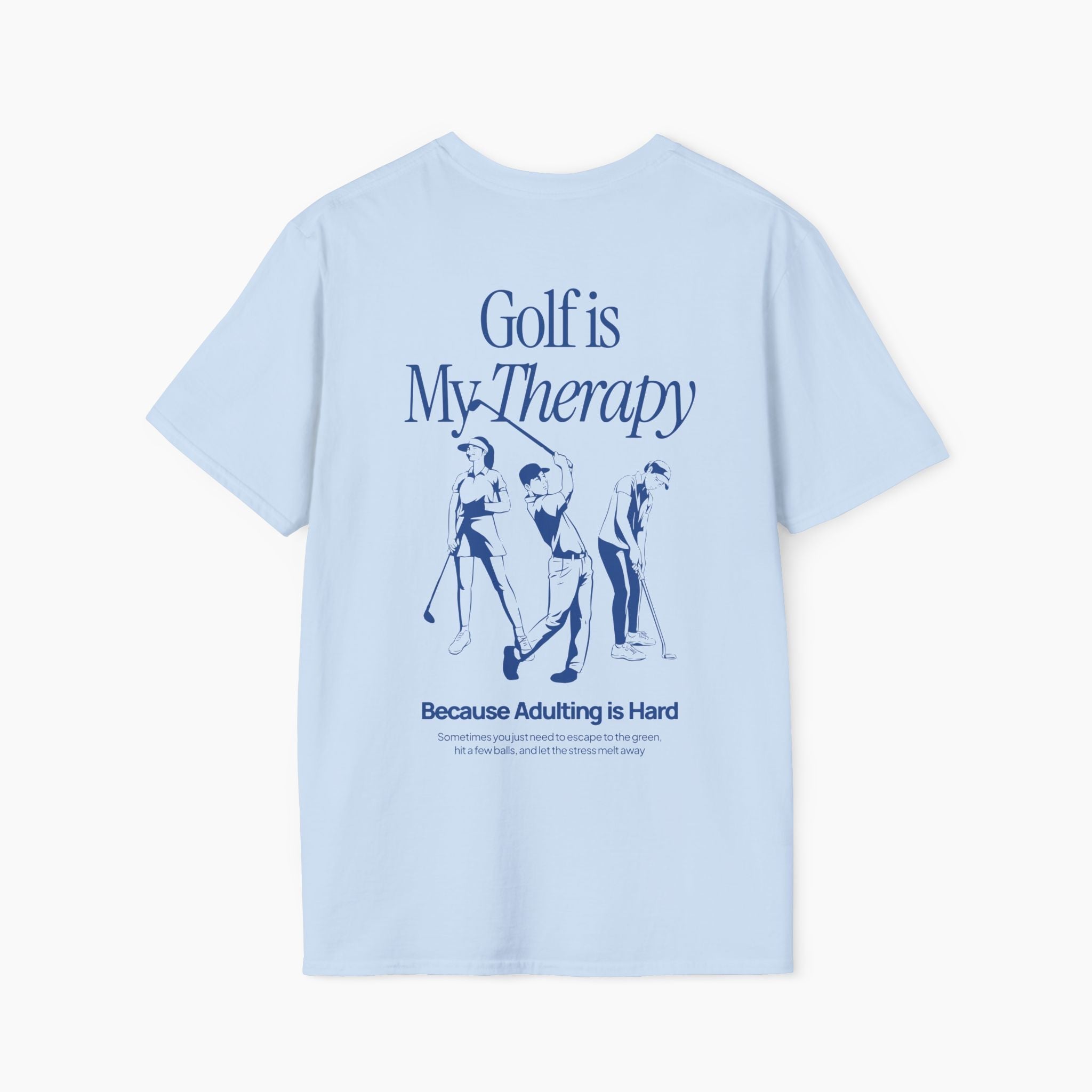 Light blue t-shirt with golf-themed text and graphics on a white background