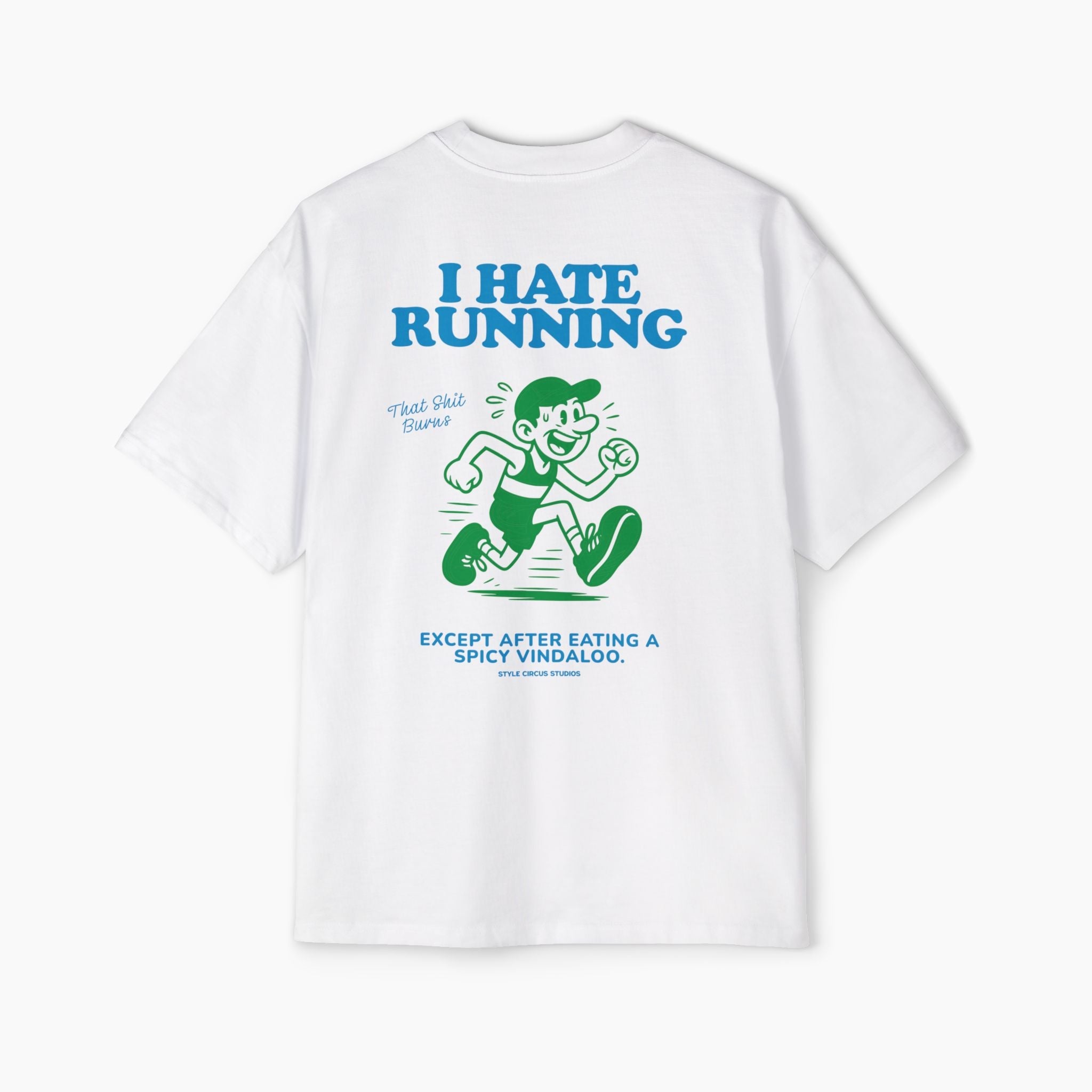 White t-shirt with humorous graphic and text on a white background