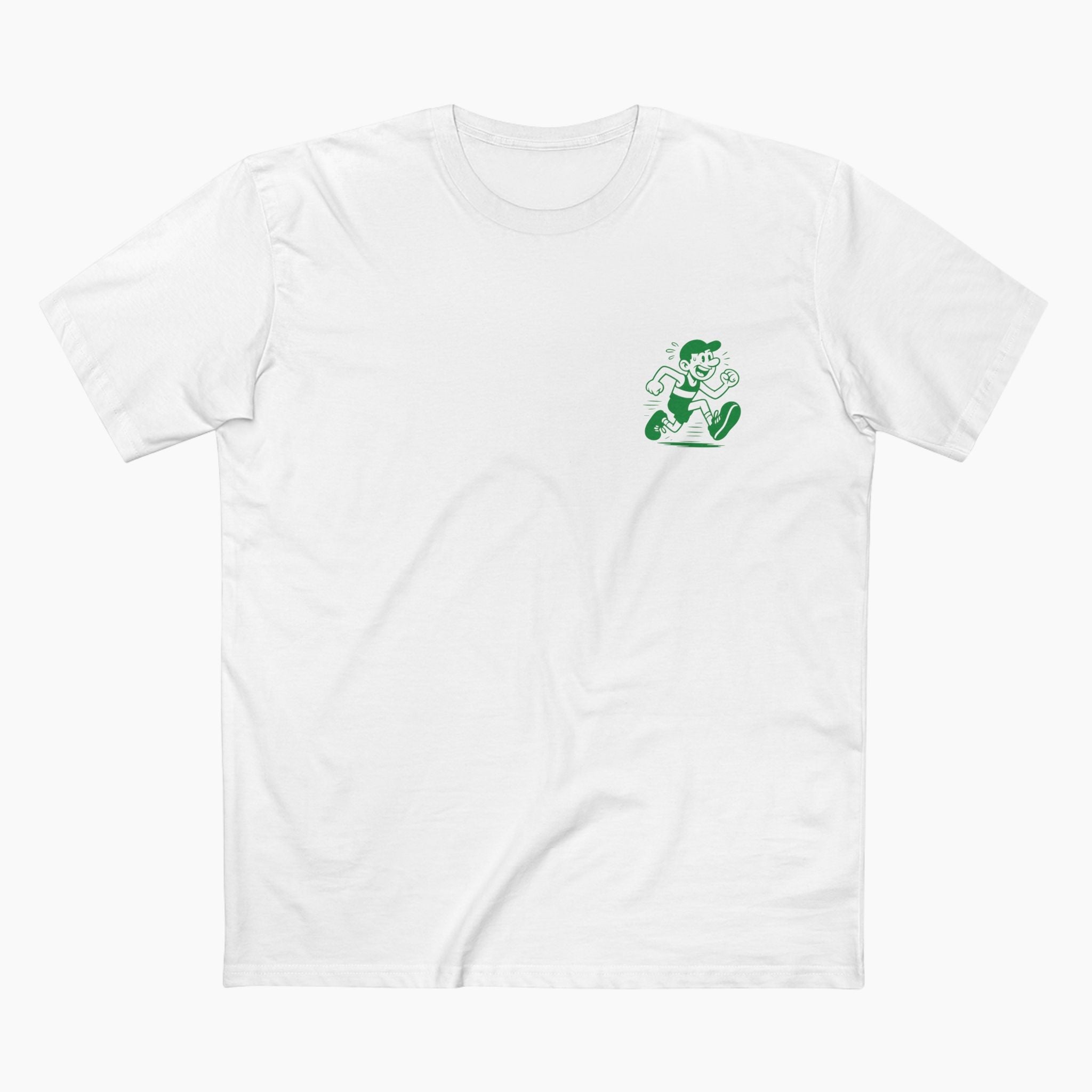 White t-shirt with a green graphic on a white background