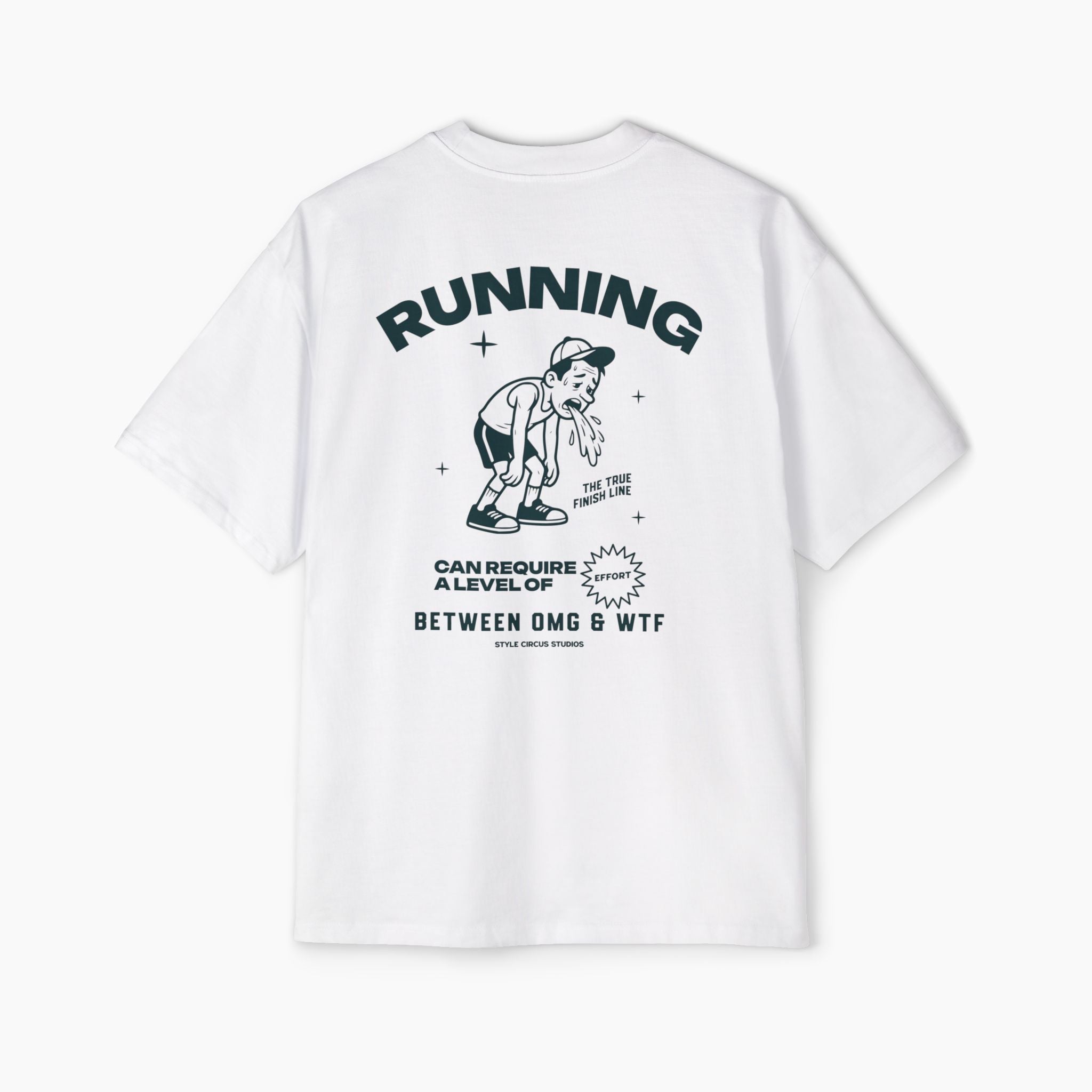 White t-shirt with black graphics and text on a white background