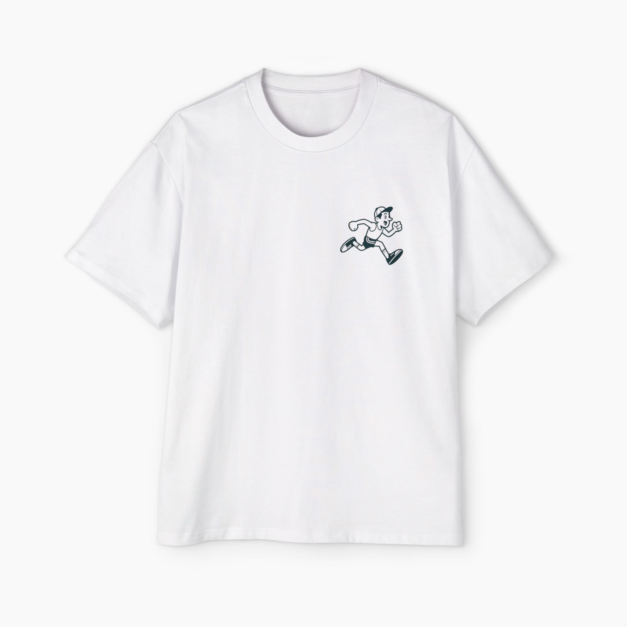White t-shirt with a small black graphic on a white background
