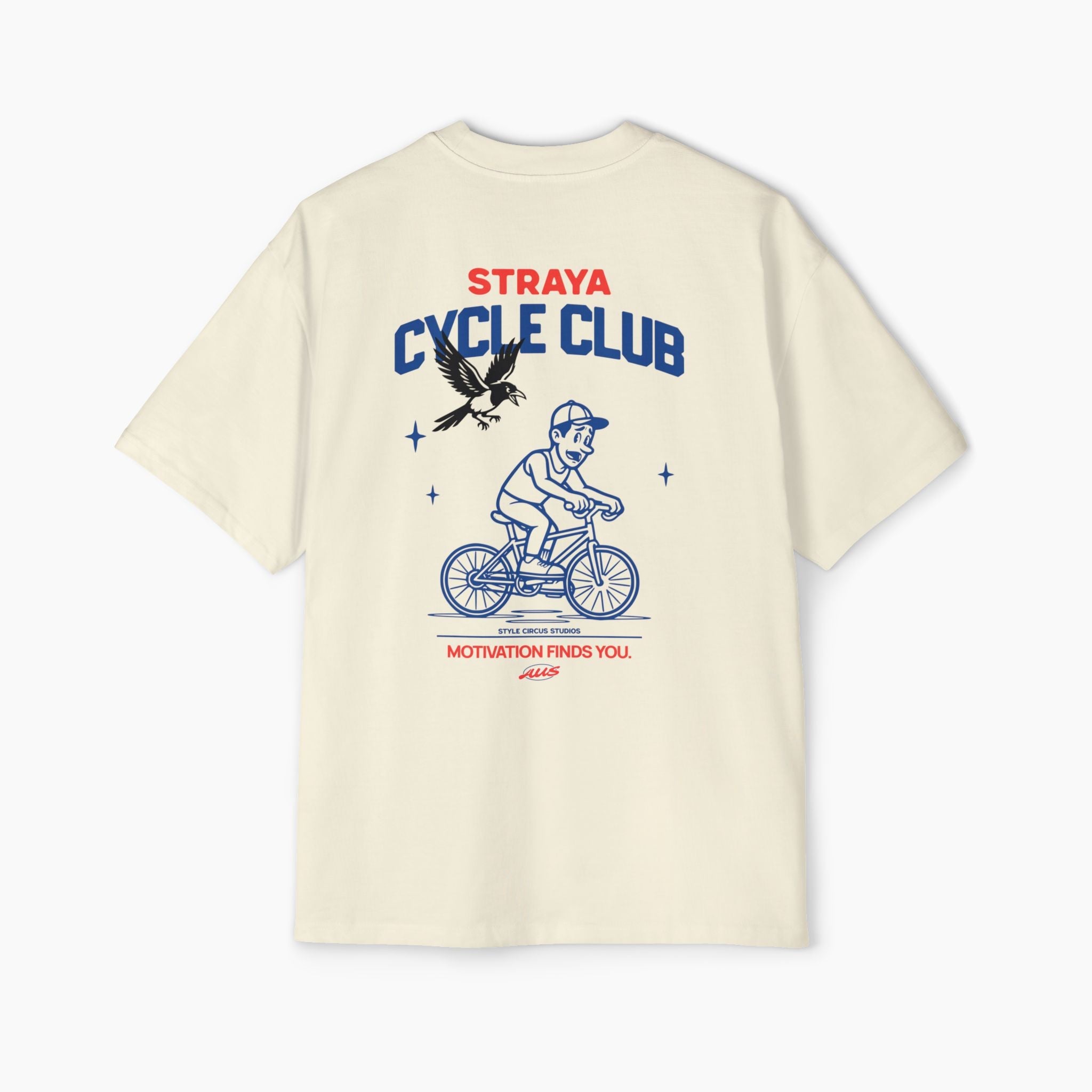 Beige t-shirt with 'Straya Cycle Club' graphic on a white background