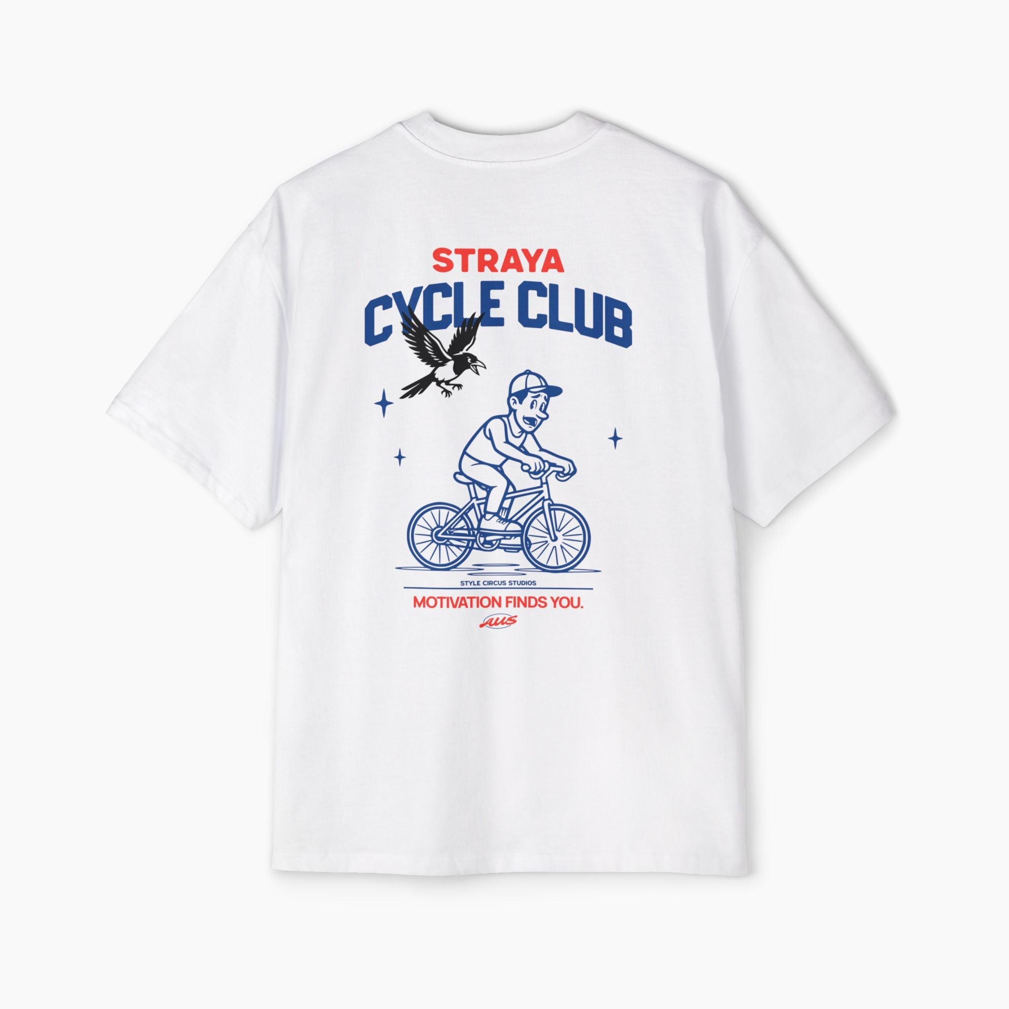 White t-shirt with 'Straya Cycle Club' graphic design on a white background