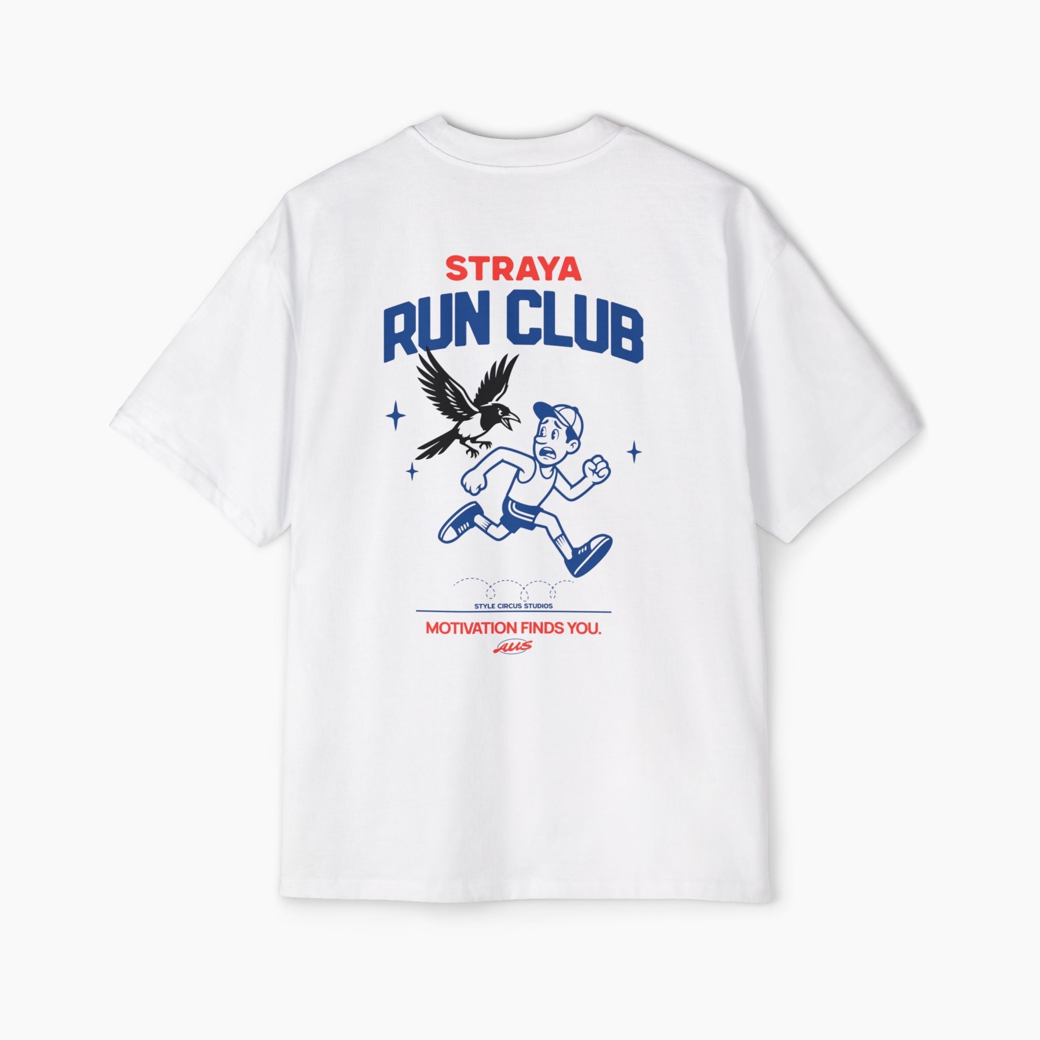 White t-shirt with 'Straya Run Club' design on a white background