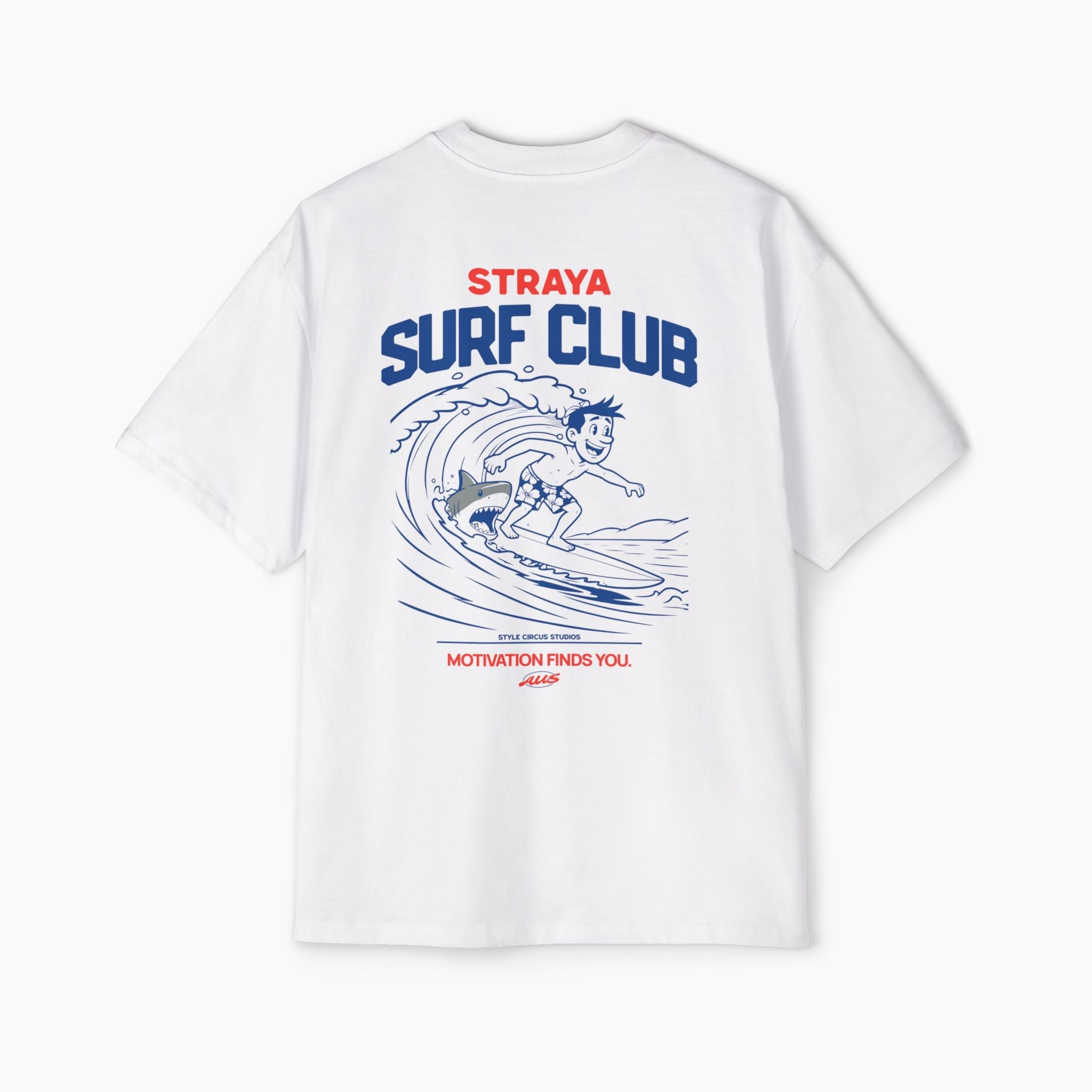White t-shirt with 'Straya Surf Club' graphic on the back against a white background