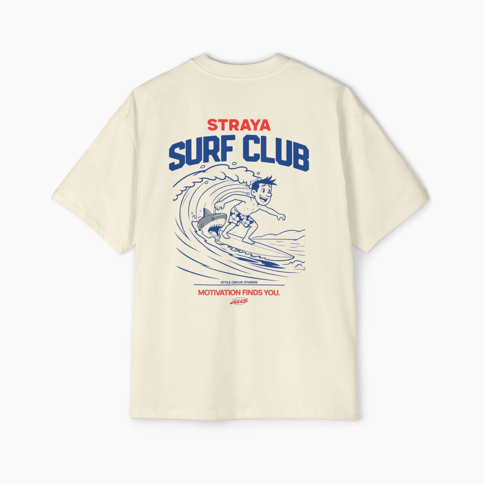 Beige t-shirt with 'Straya Surf Club' graphic on a white background