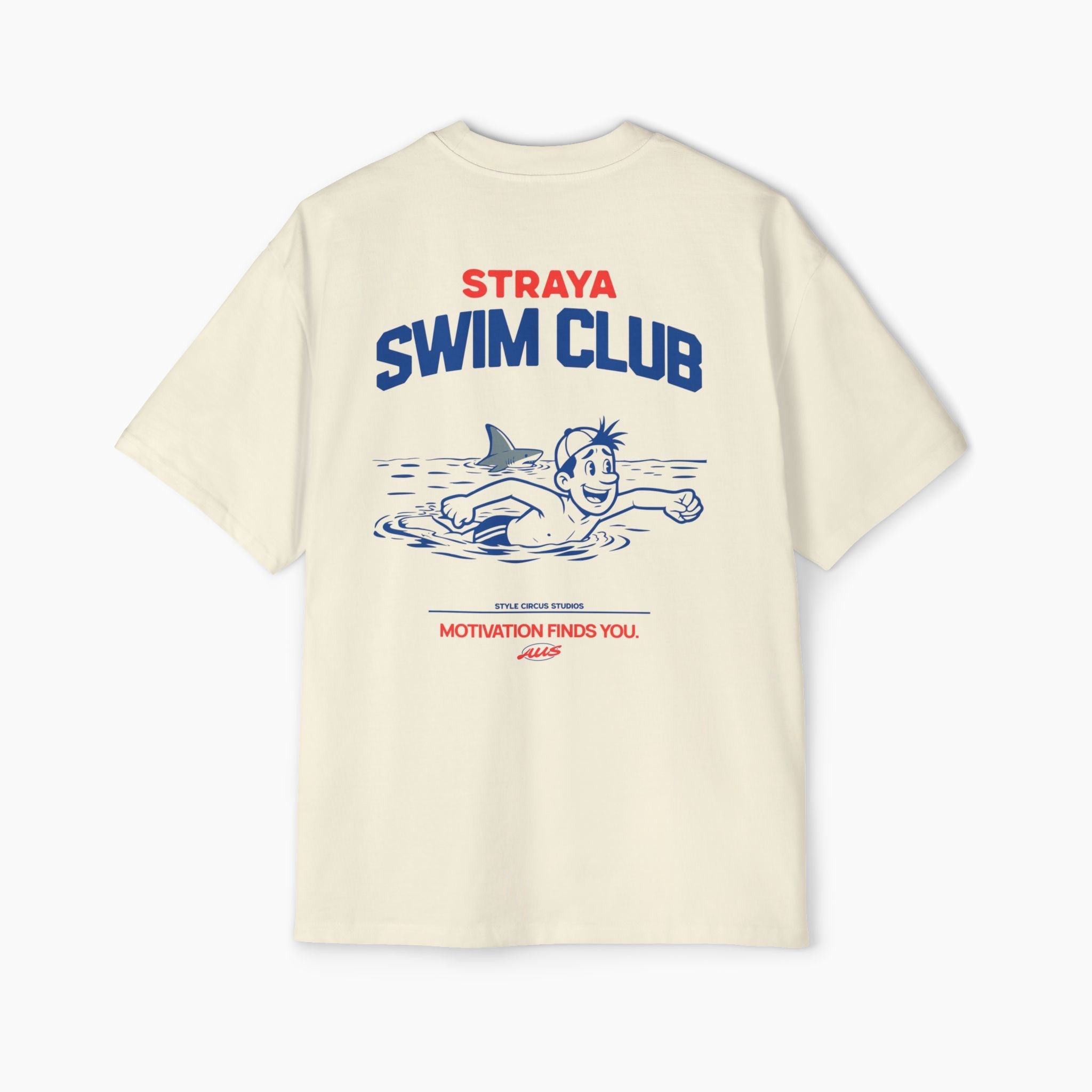 Beige t-shirt with 'Straya Swim Club' design on a white background
