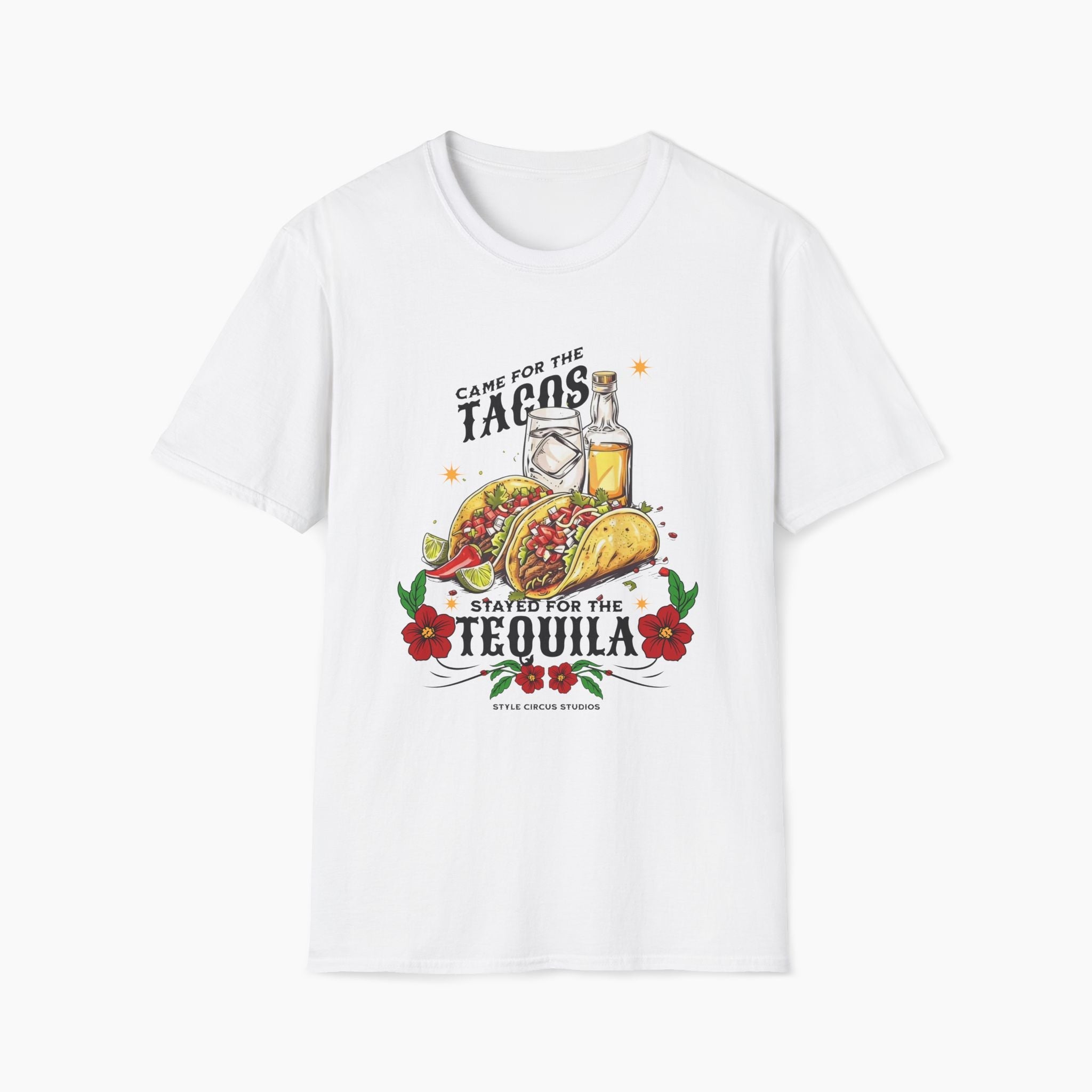 White t-shirt with a graphic design of tacos and tequila on a white background