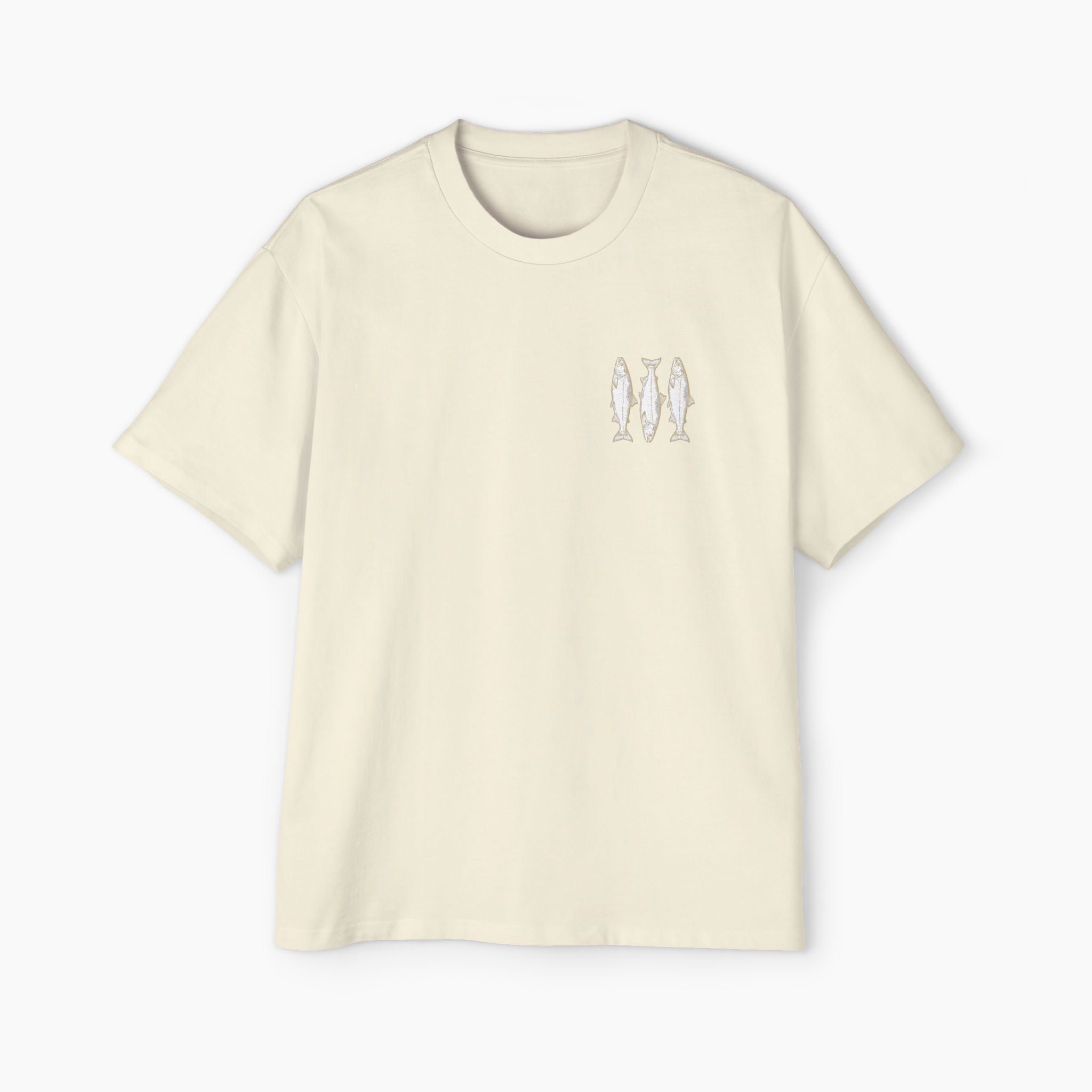 Beige t-shirt with small graphic on a white background