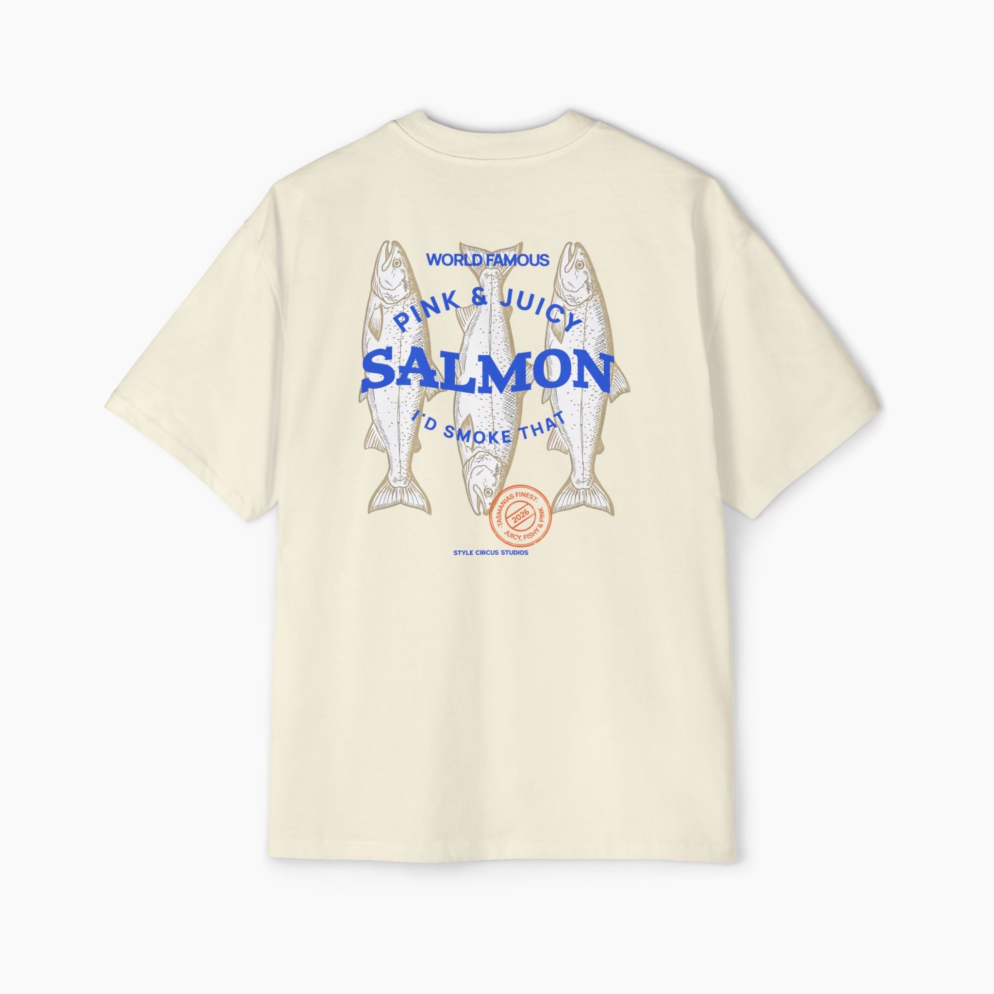 Beige t-shirt with salmon graphic and text on a white background