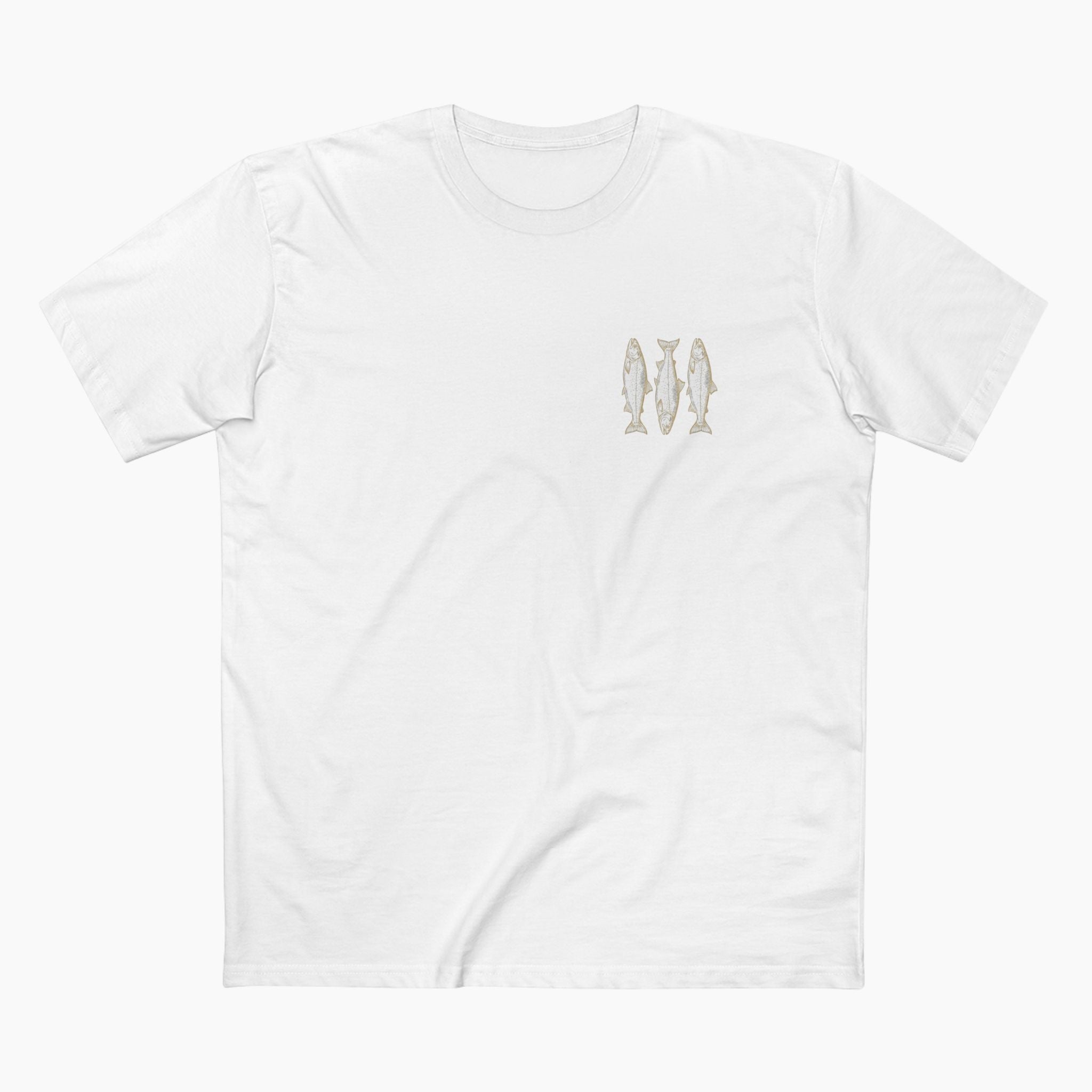White t-shirt with gold graphic on a white background
