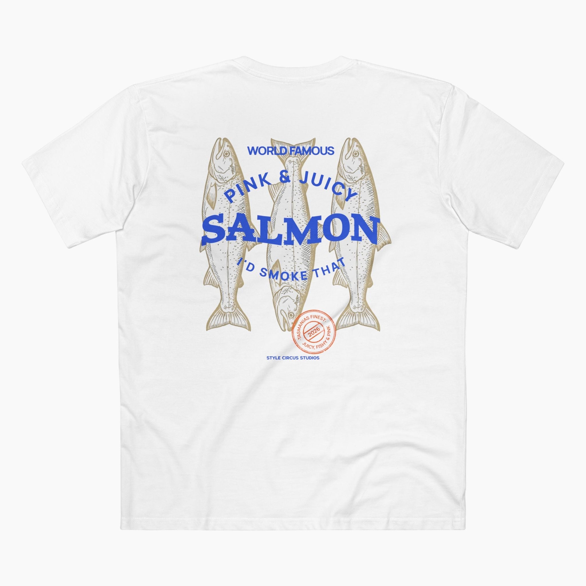 White t-shirt with salmon graphic and text on a white background