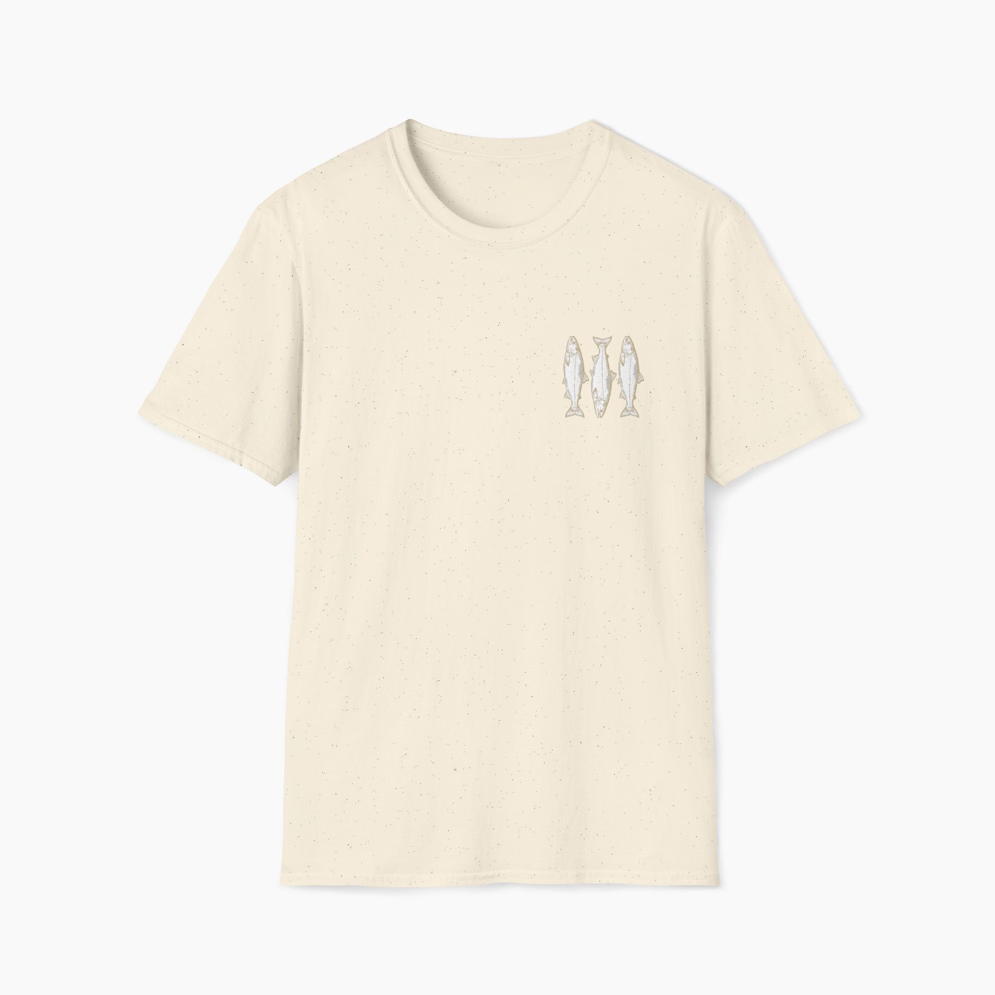 Beige t-shirt with a small graphic on a white background