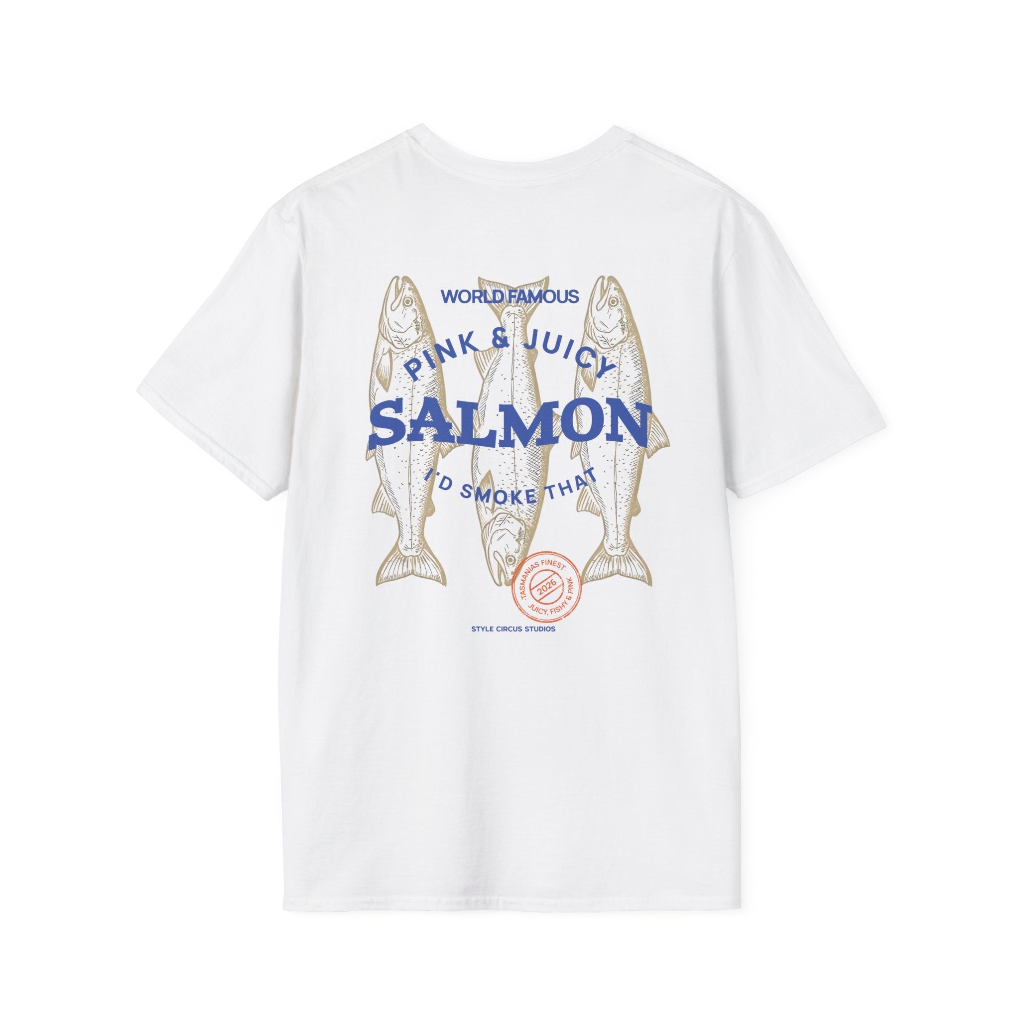 White t-shirt with salmon graphic and text on a white background