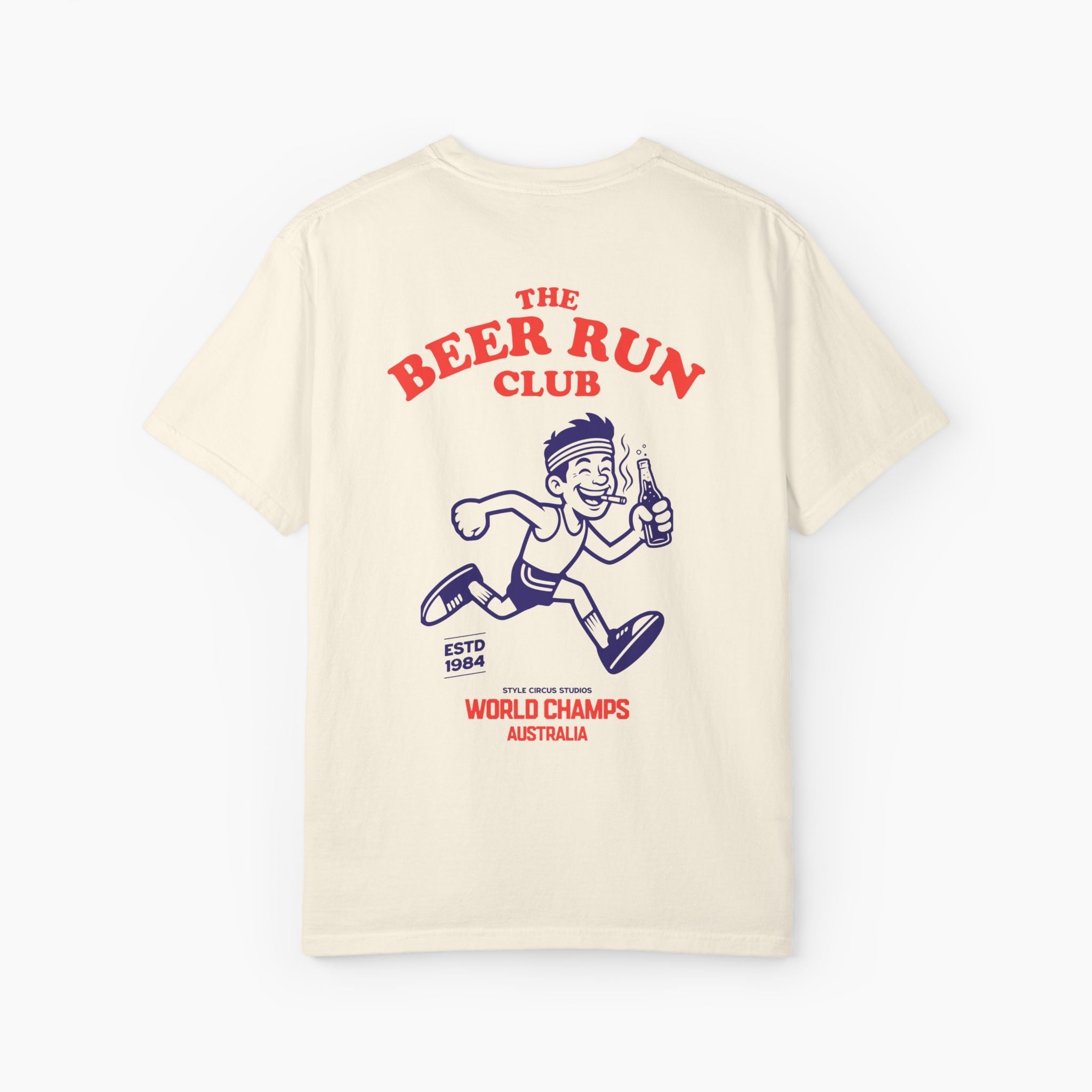 Beige t-shirt with 'The Beer Run Club' graphic on a white background