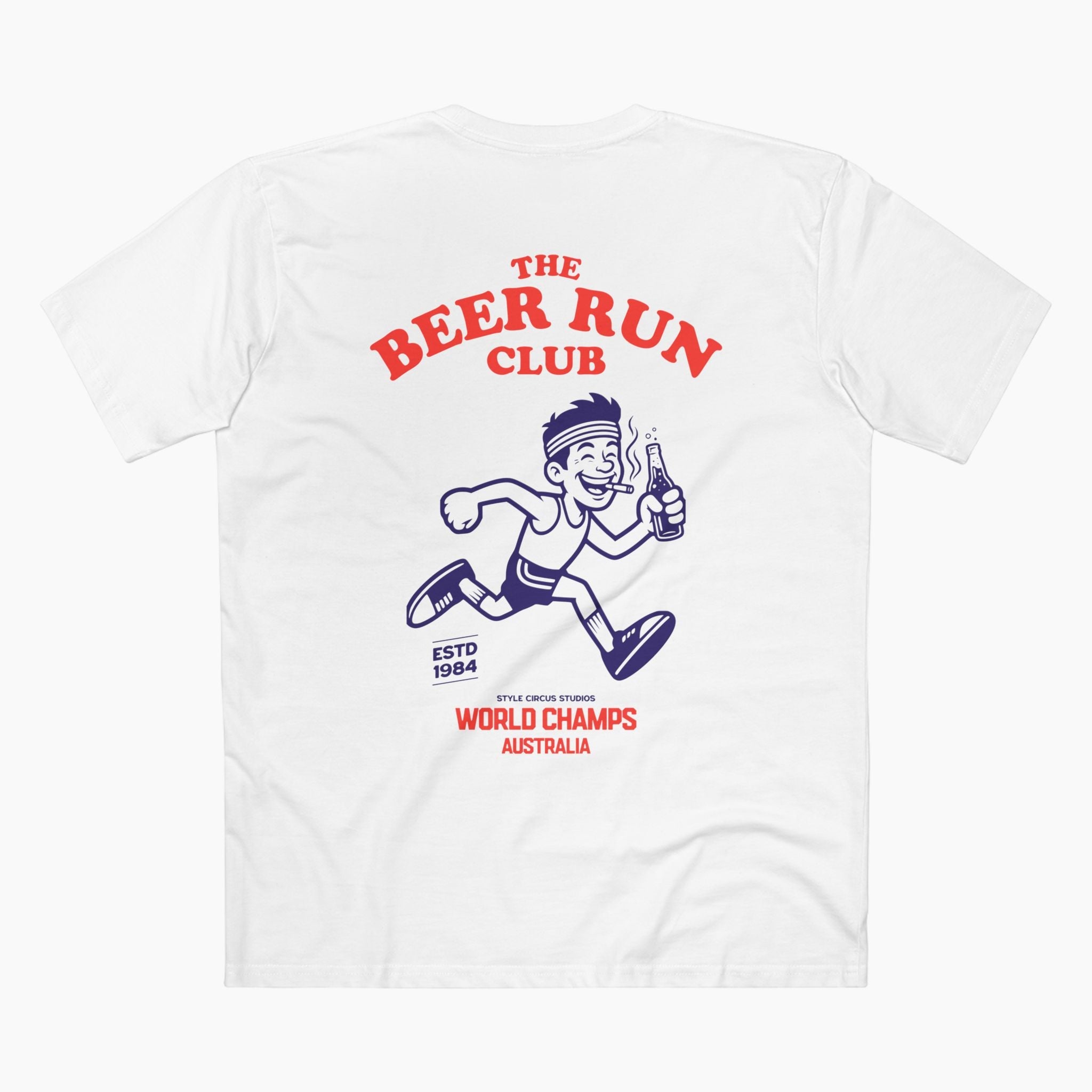 White t-shirt with 'The Beer Run Club' graphic design on a white background