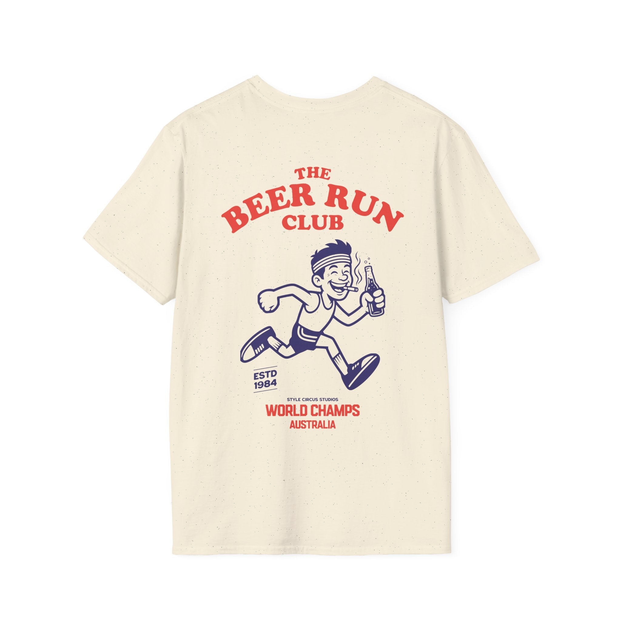 Beige t-shirt with 'The Beer Run Club' graphic design on a white background