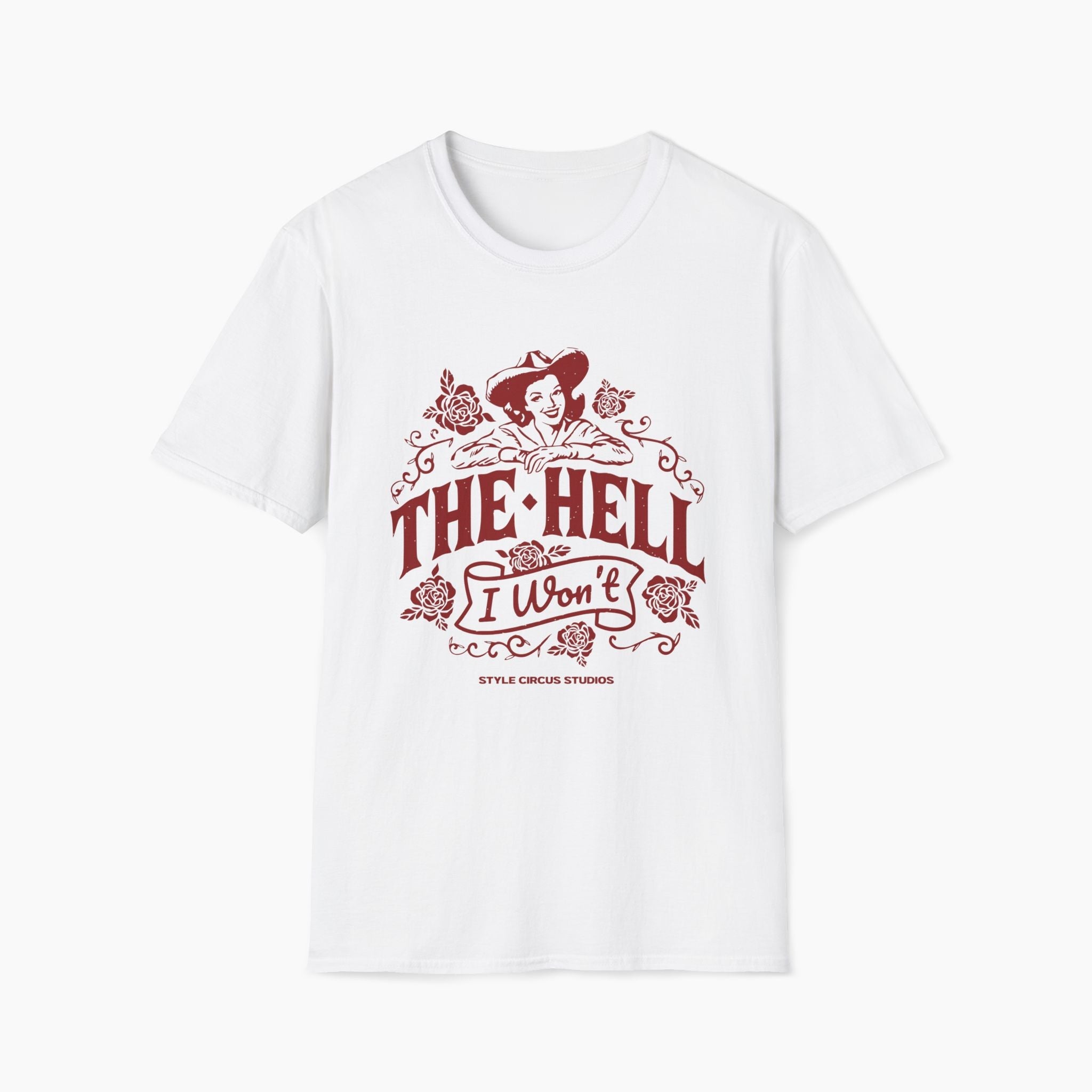 White t-shirt with red graphic design and text on a white background