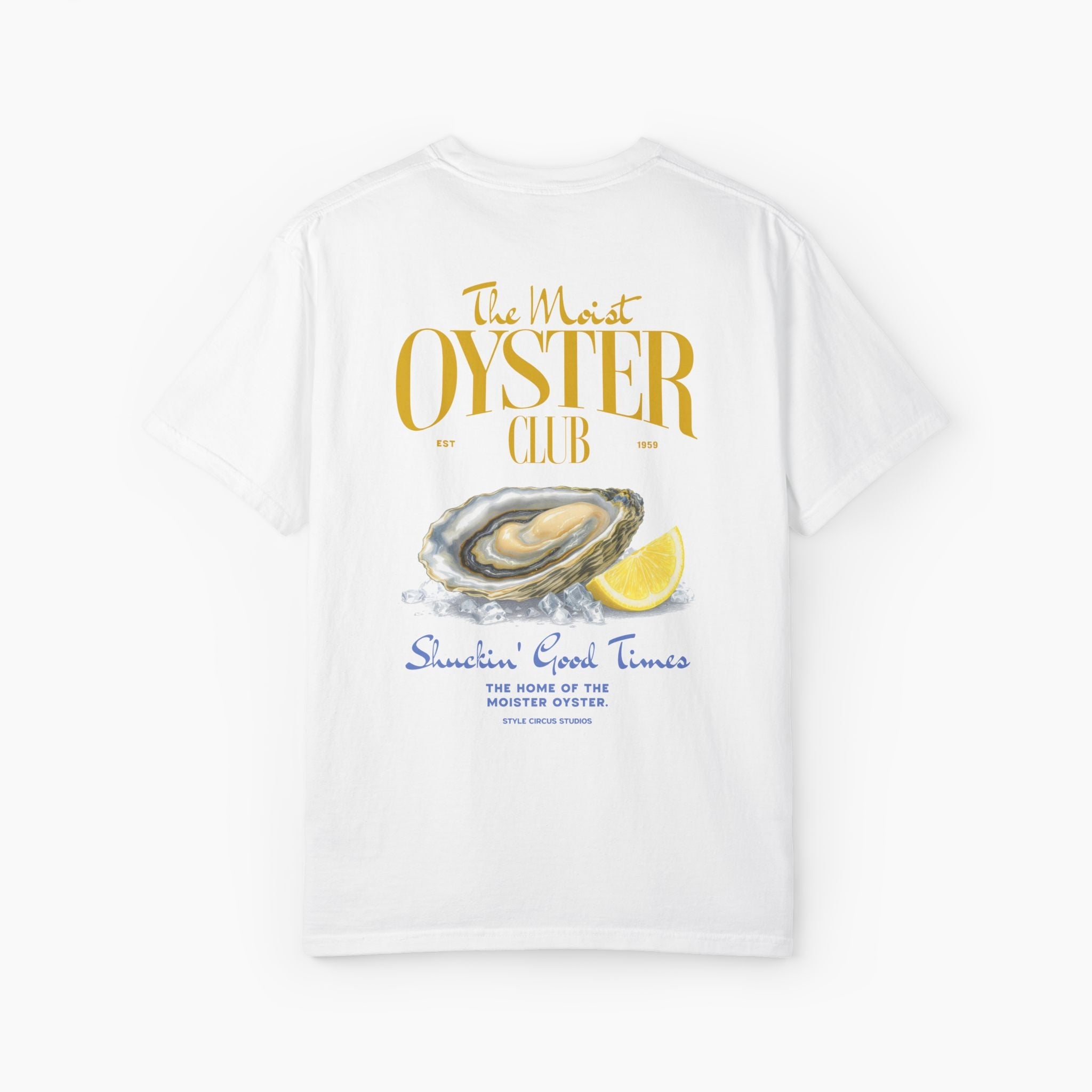White t-shirt with 'The Moist Oyster Club' graphic design featuring an oyster and lemon on a white background.
