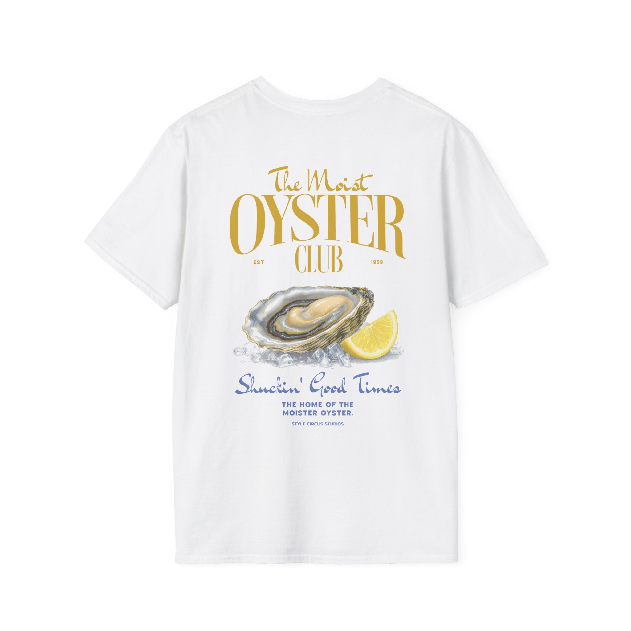 White t-shirt with 'The Most Oyster Club' design featuring an oyster and lemon on a white background.