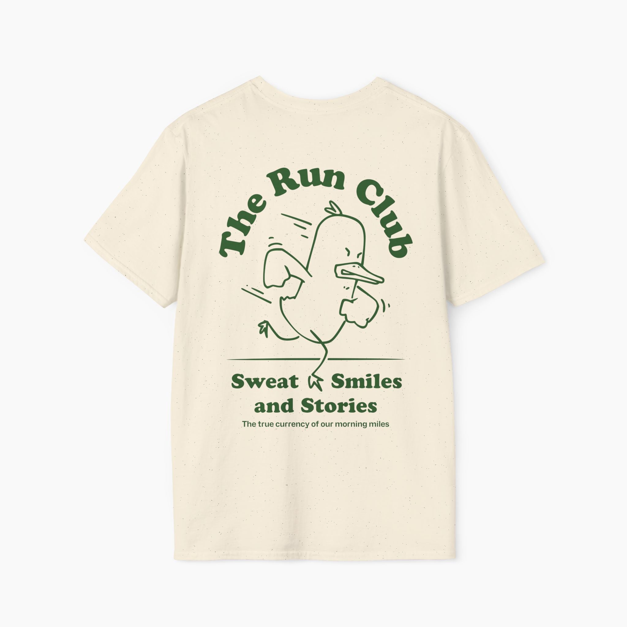 Beige t-shirt with green graphic and text 'The Run Club' on a white background