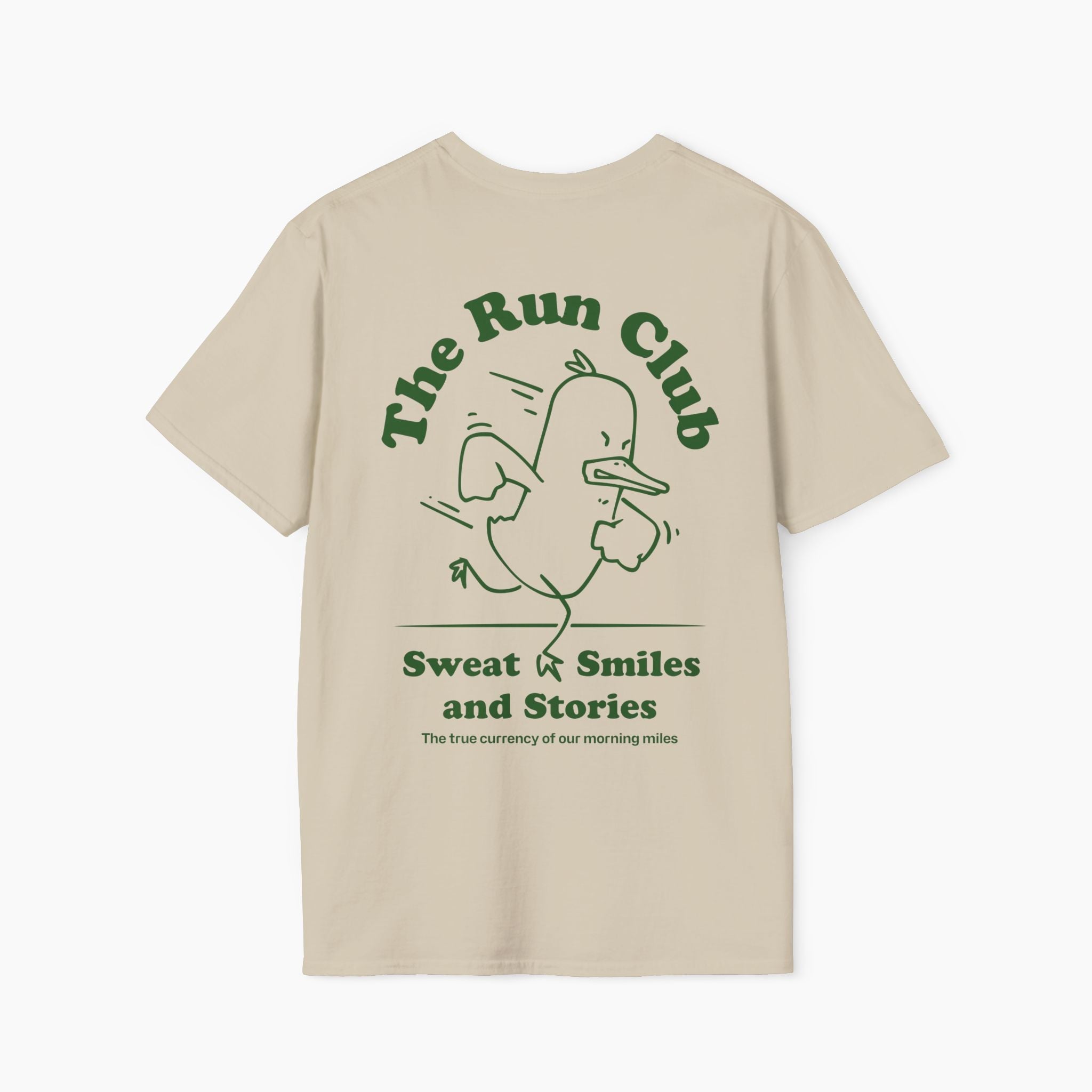 Beige t-shirt with green graphic and text 'The Run Club' on a white background