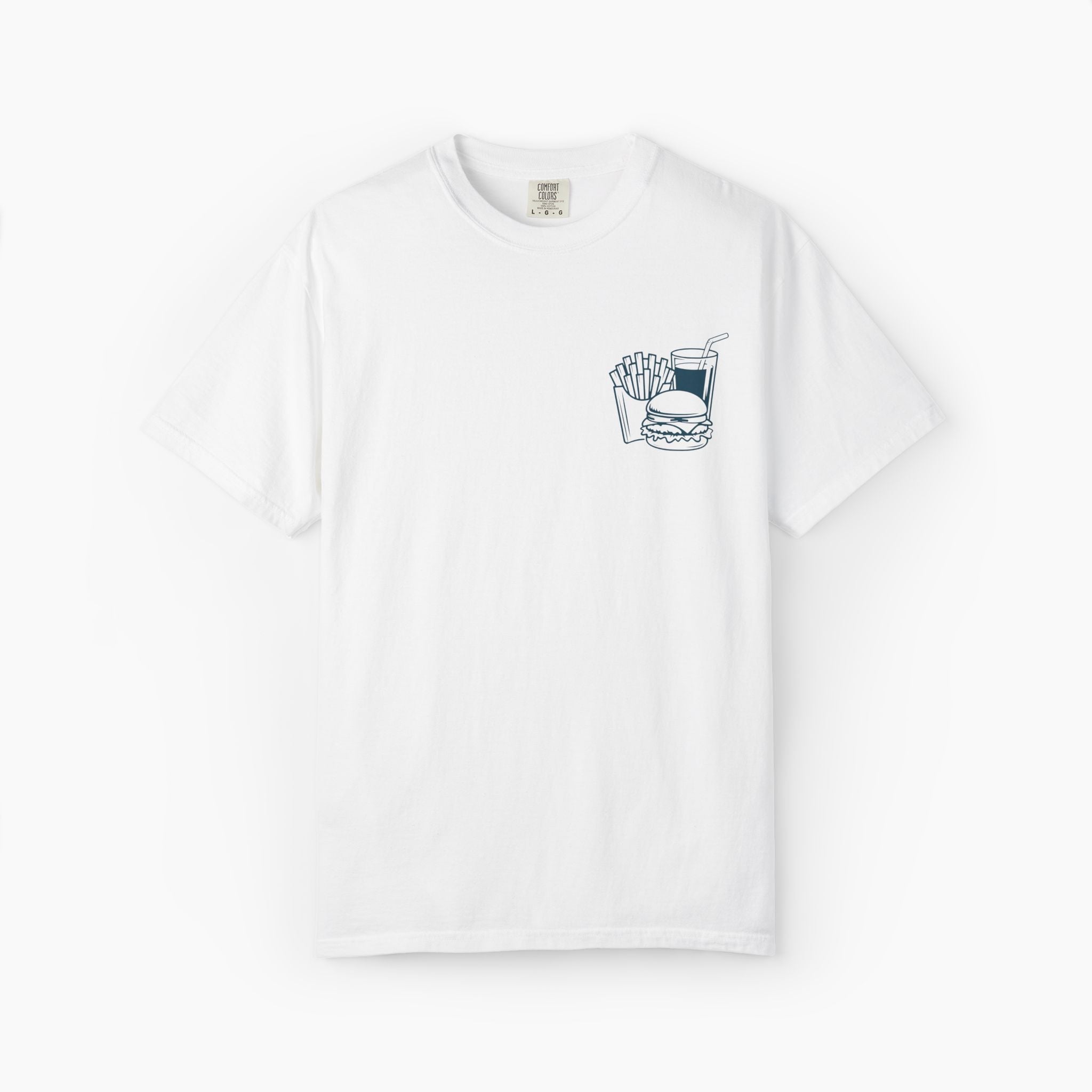 White t-shirt with a small graphic on a white background