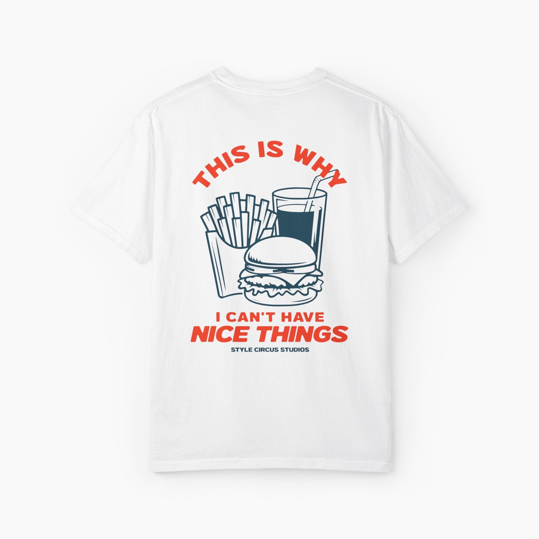 White t-shirt with a graphic design and text on a white background