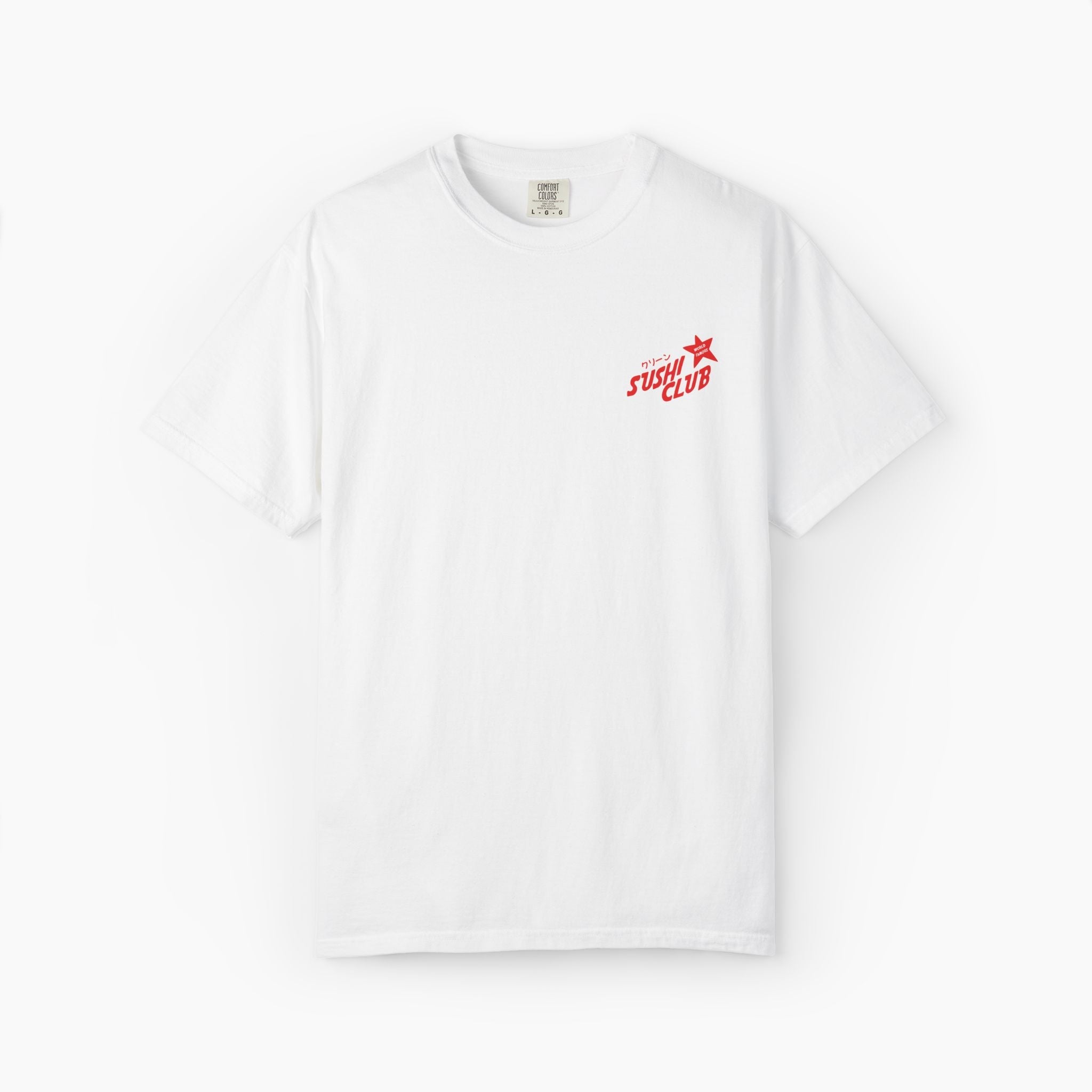White t-shirt with red and black logo on a white background