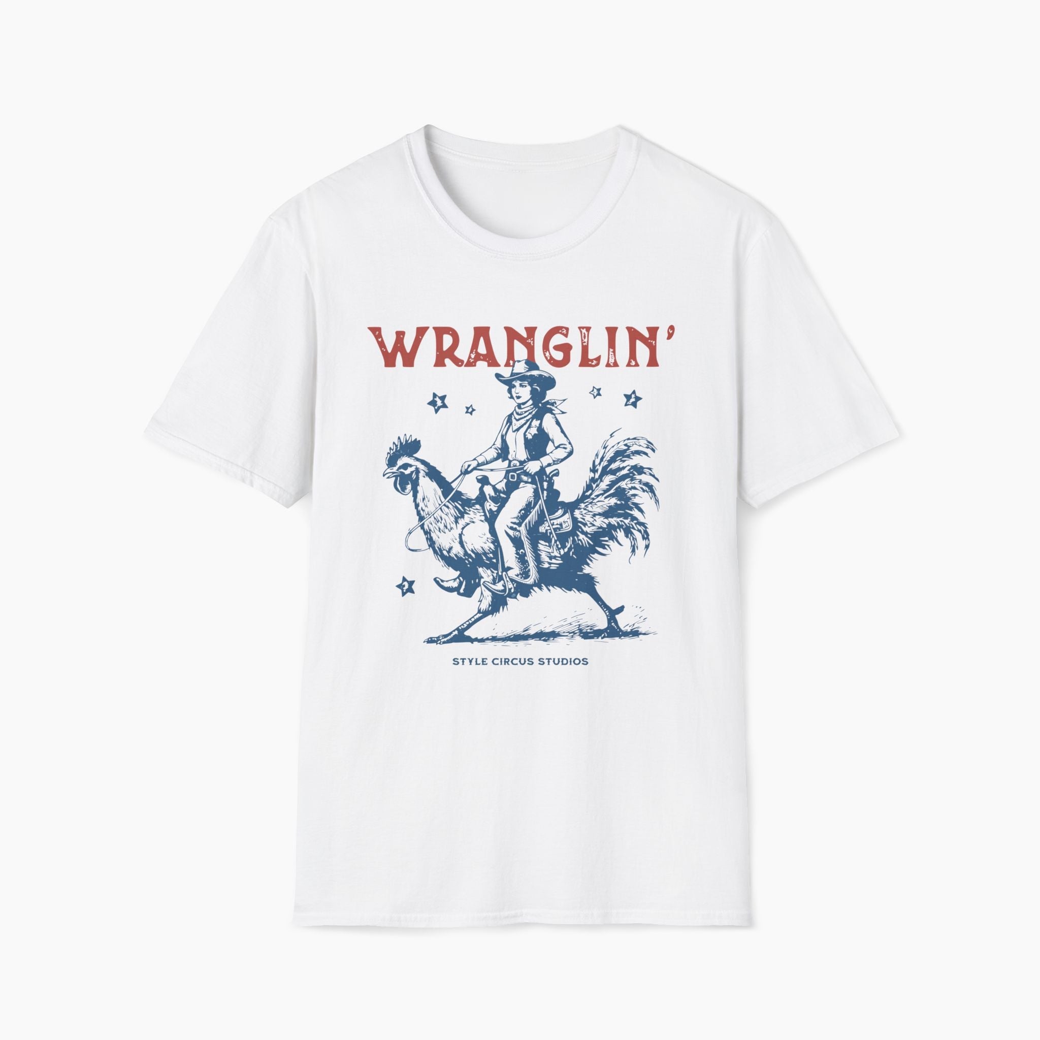 White t-shirt with a graphic of a cowboy riding a rooster and the word 'WRANGLIN'' on a white background.