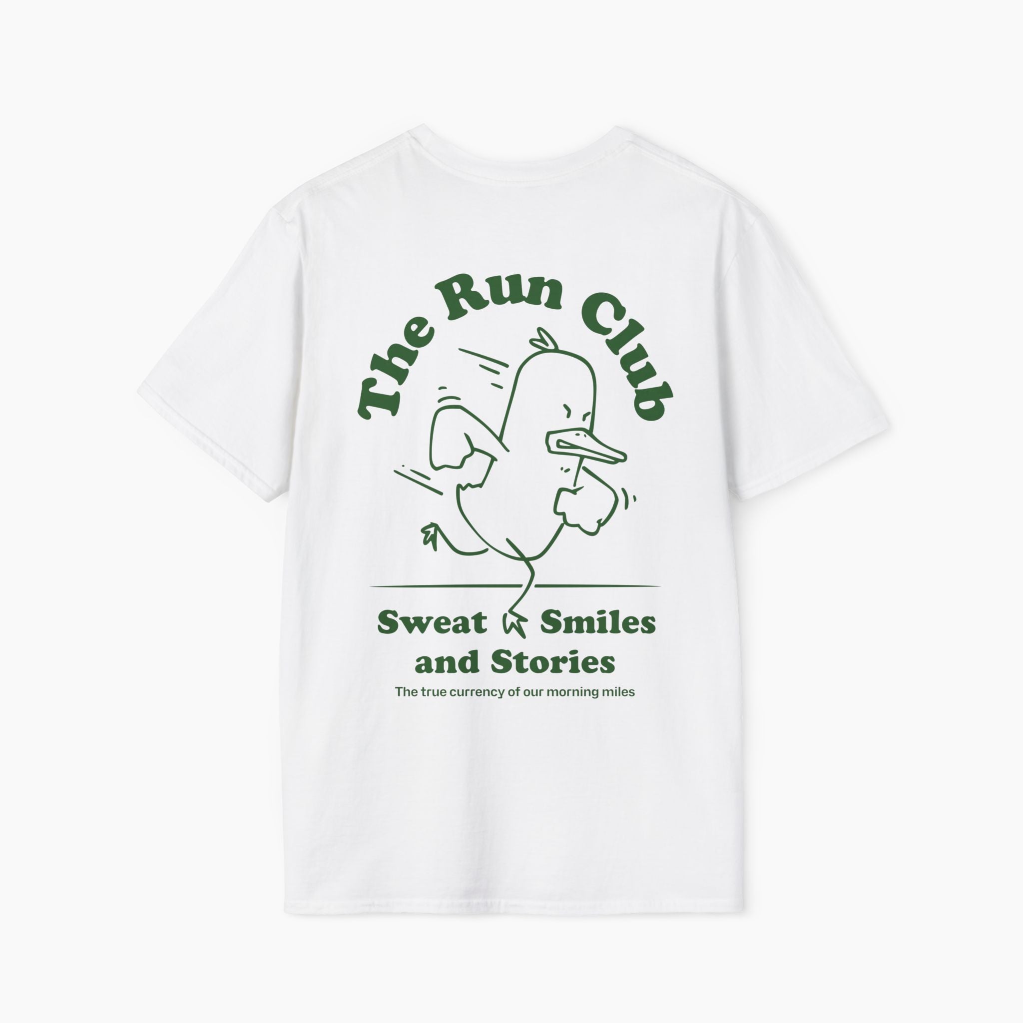 White t-shirt with green graphic and text 'The Run Club' on a white background