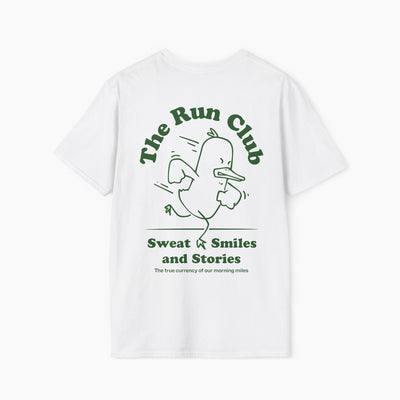 White t-shirt with green graphic and text 'The Run Club' on a white background