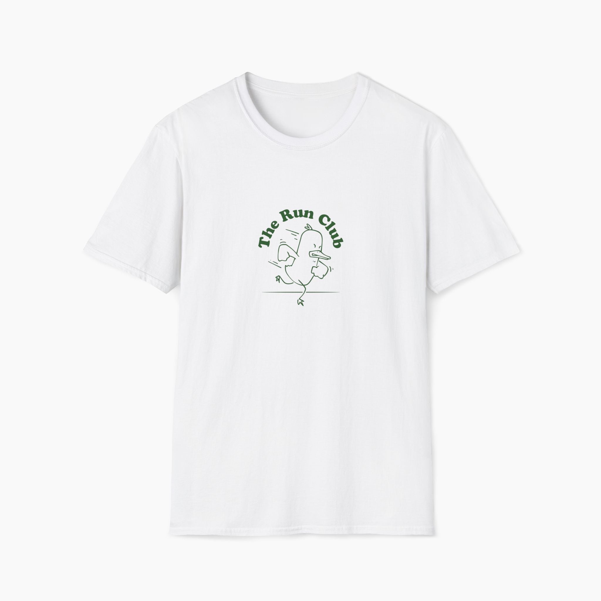 White t-shirt with 'The Run Club' logo on a white background