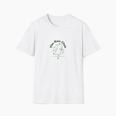 White t-shirt with 'The Run Club' logo on a white background