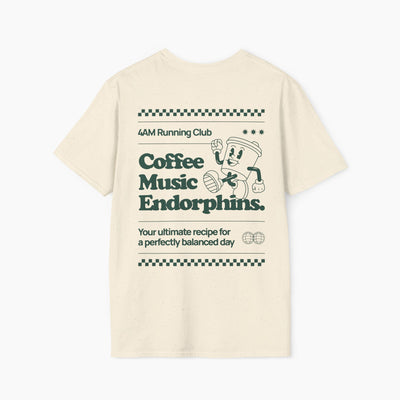 Beige t-shirt with text and graphics on the back on a white background